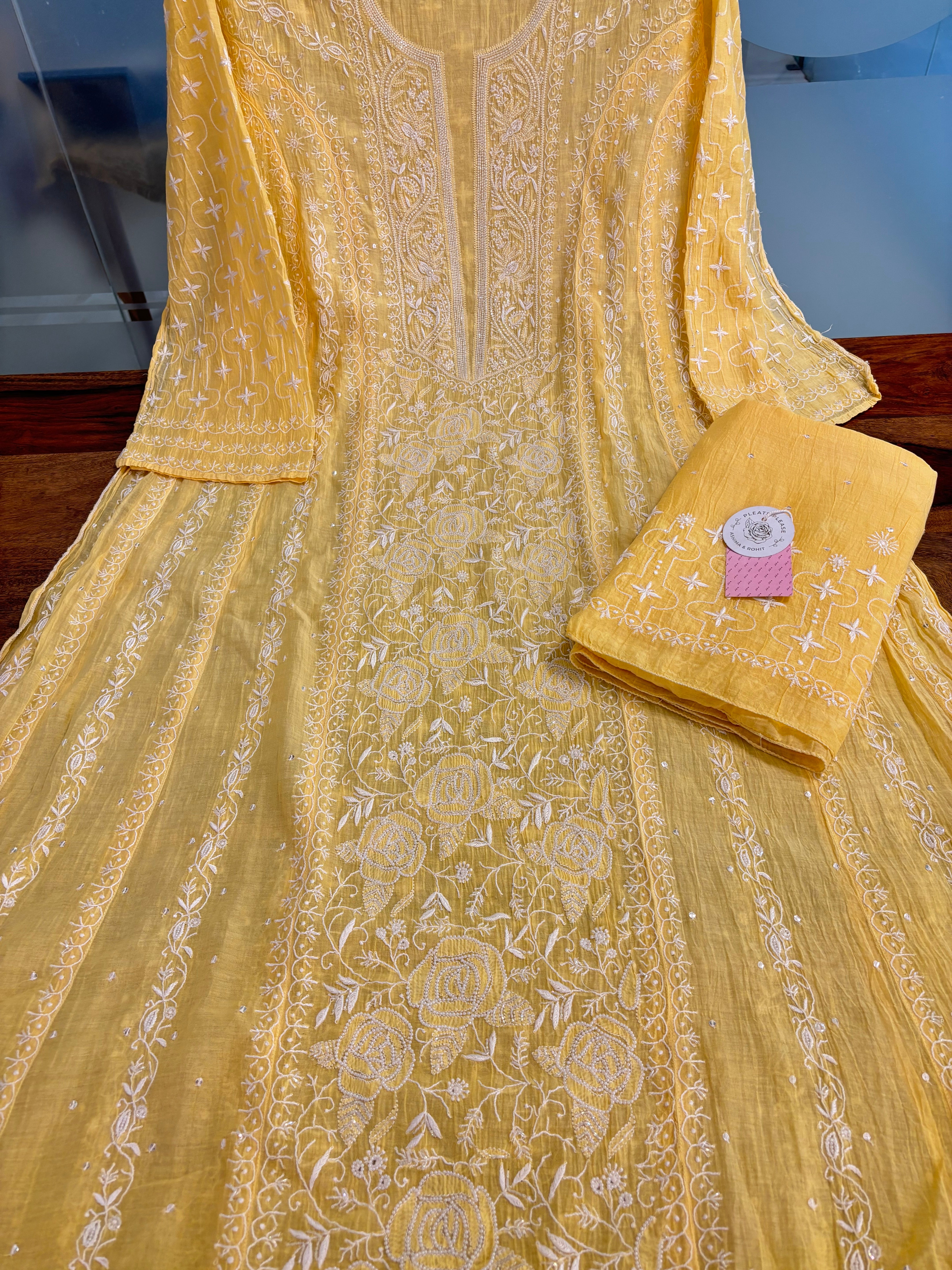Yellow Chanderi Mul Chikankari Anarkali & Dupatta Set - Pleats PleaseChikankari