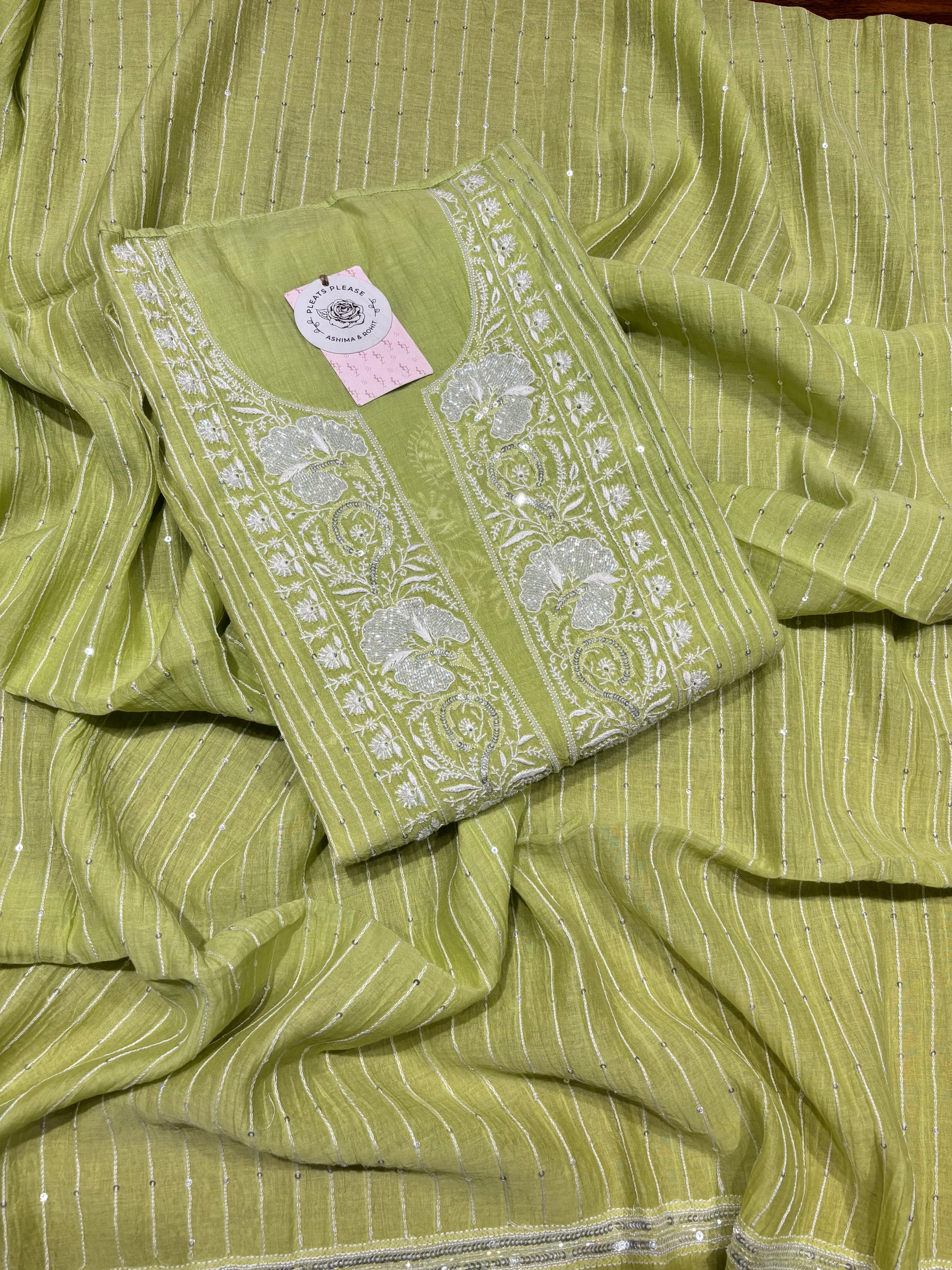 Green Chanderi Mul Chikankari Kurta and Dupatta set