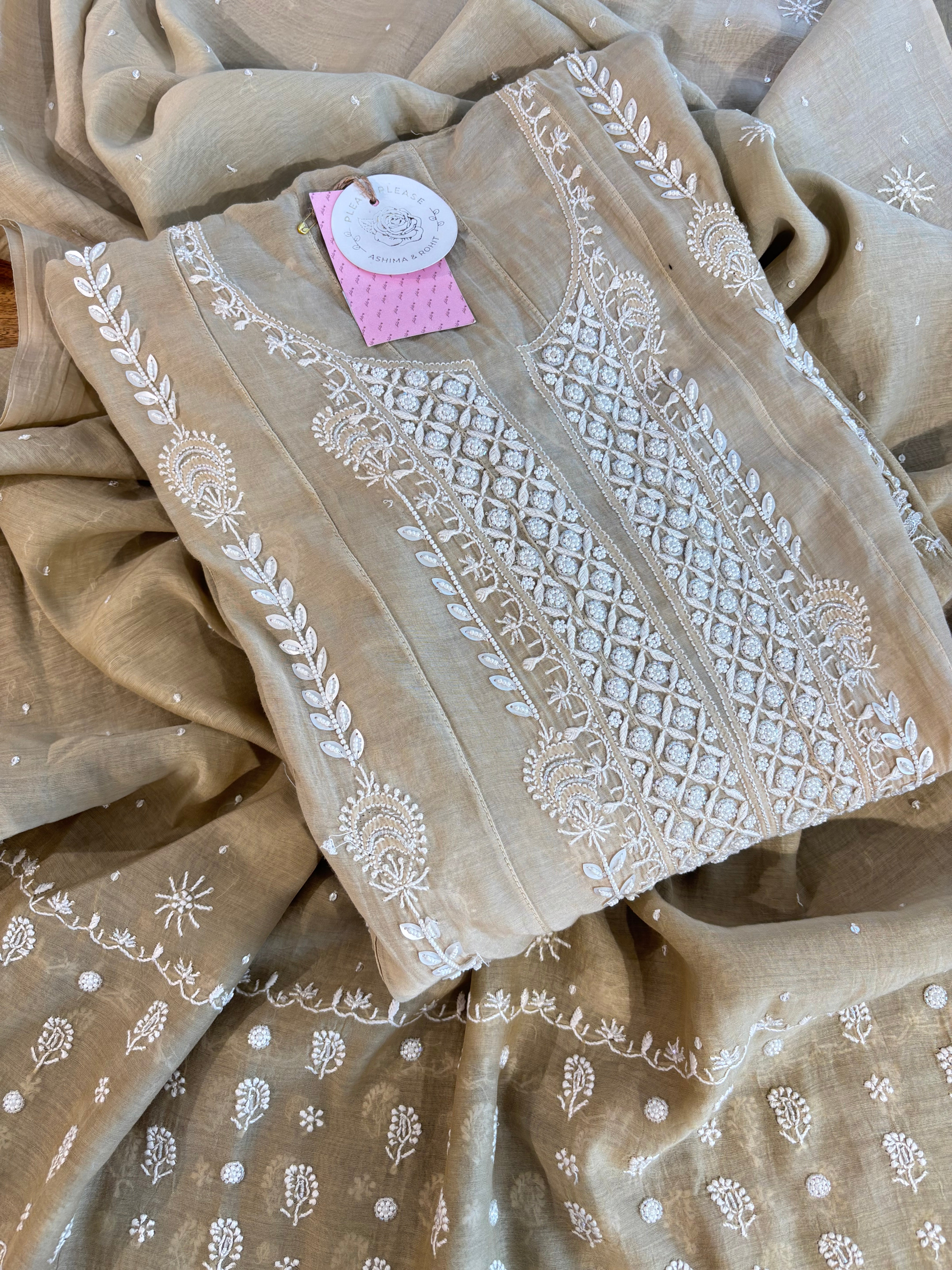 Earthy Brown Ombré Chanderi Chikankari Anarkali & Dupatta