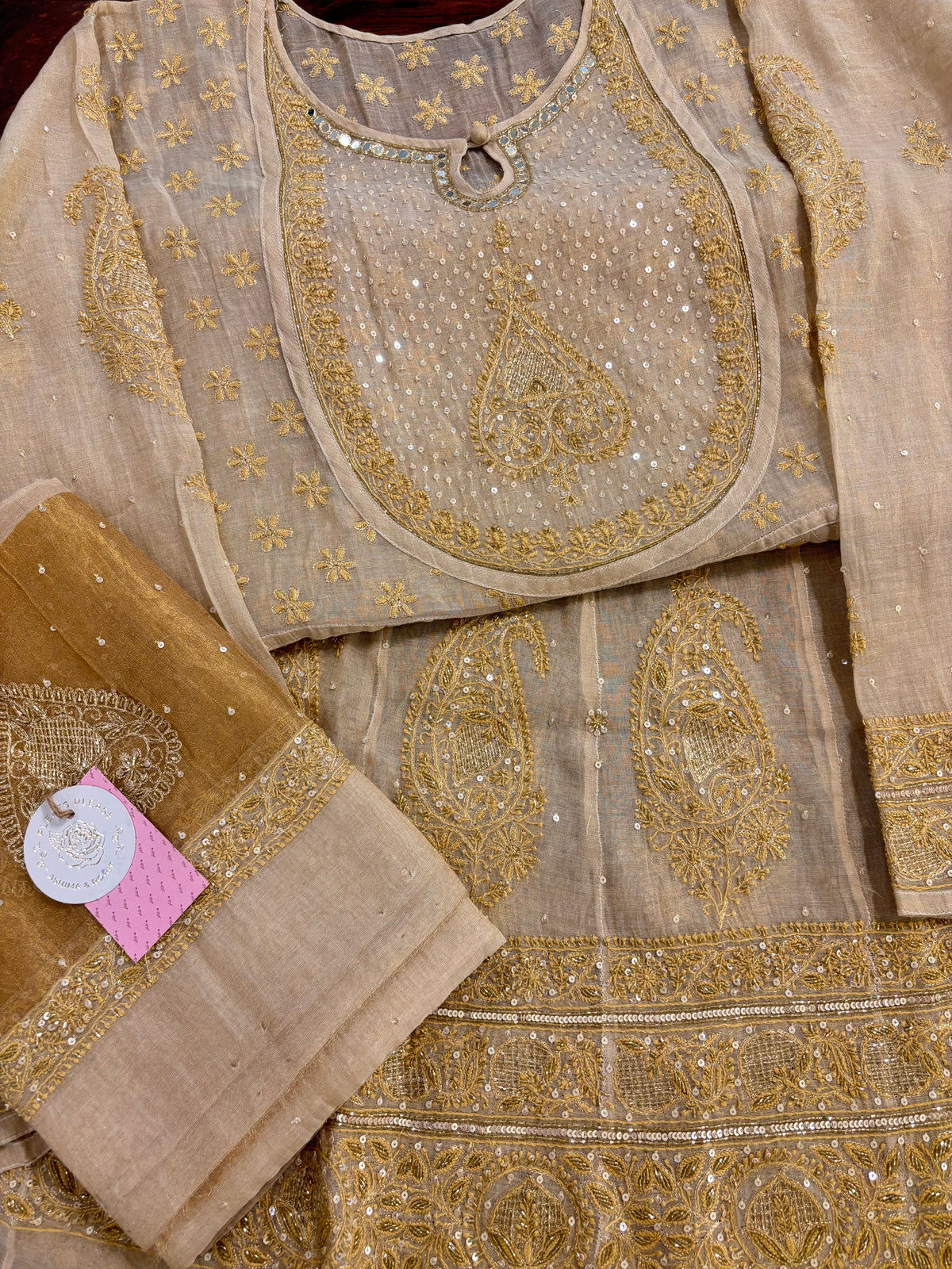Dyeable Pure & Premium Tissue Mirror Chikankari Bajirao Anarkali & Dupatta