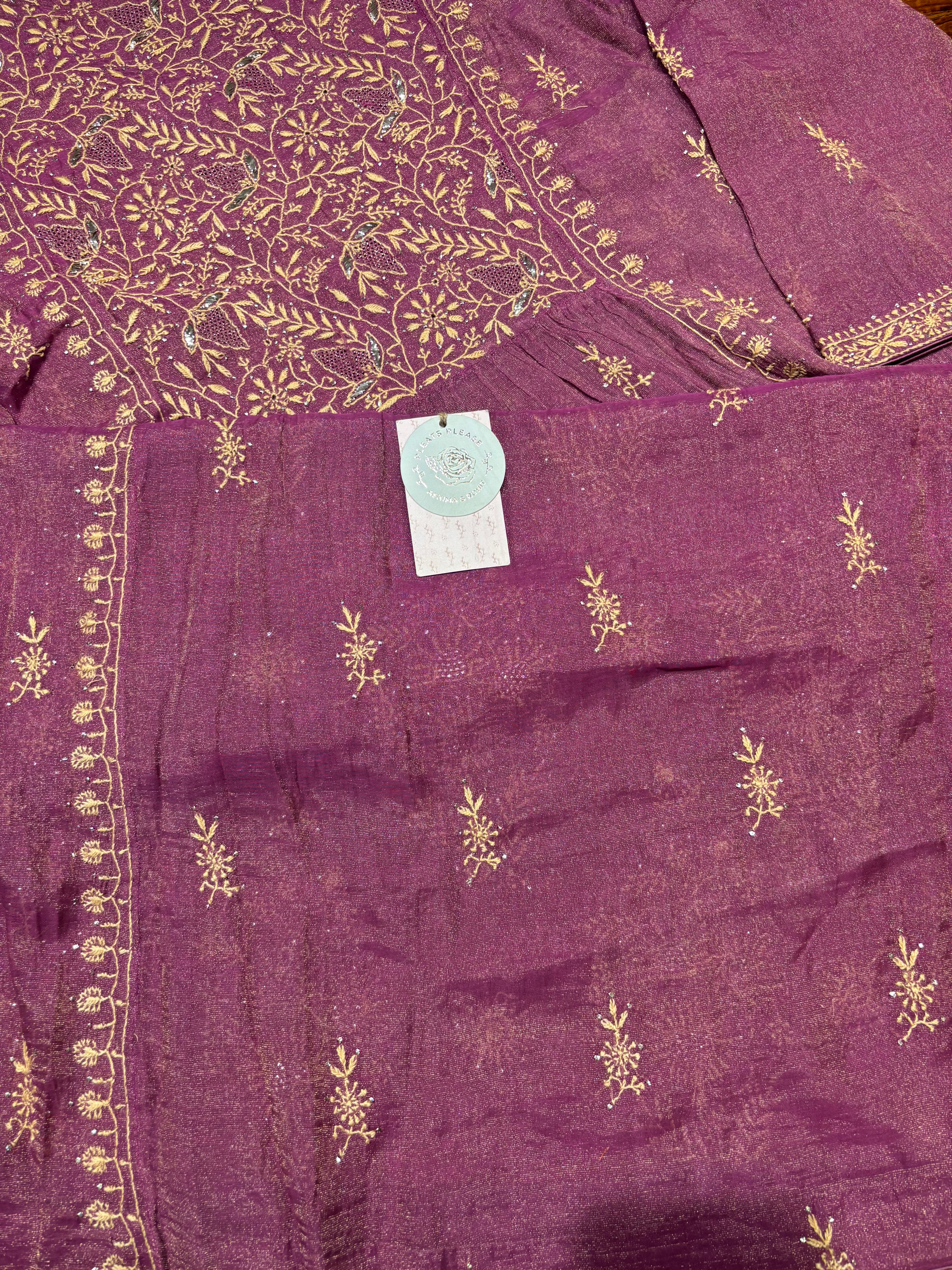Purple Pure & Premium Tissue Chikankari Angrakha Kurta and Dupatta set