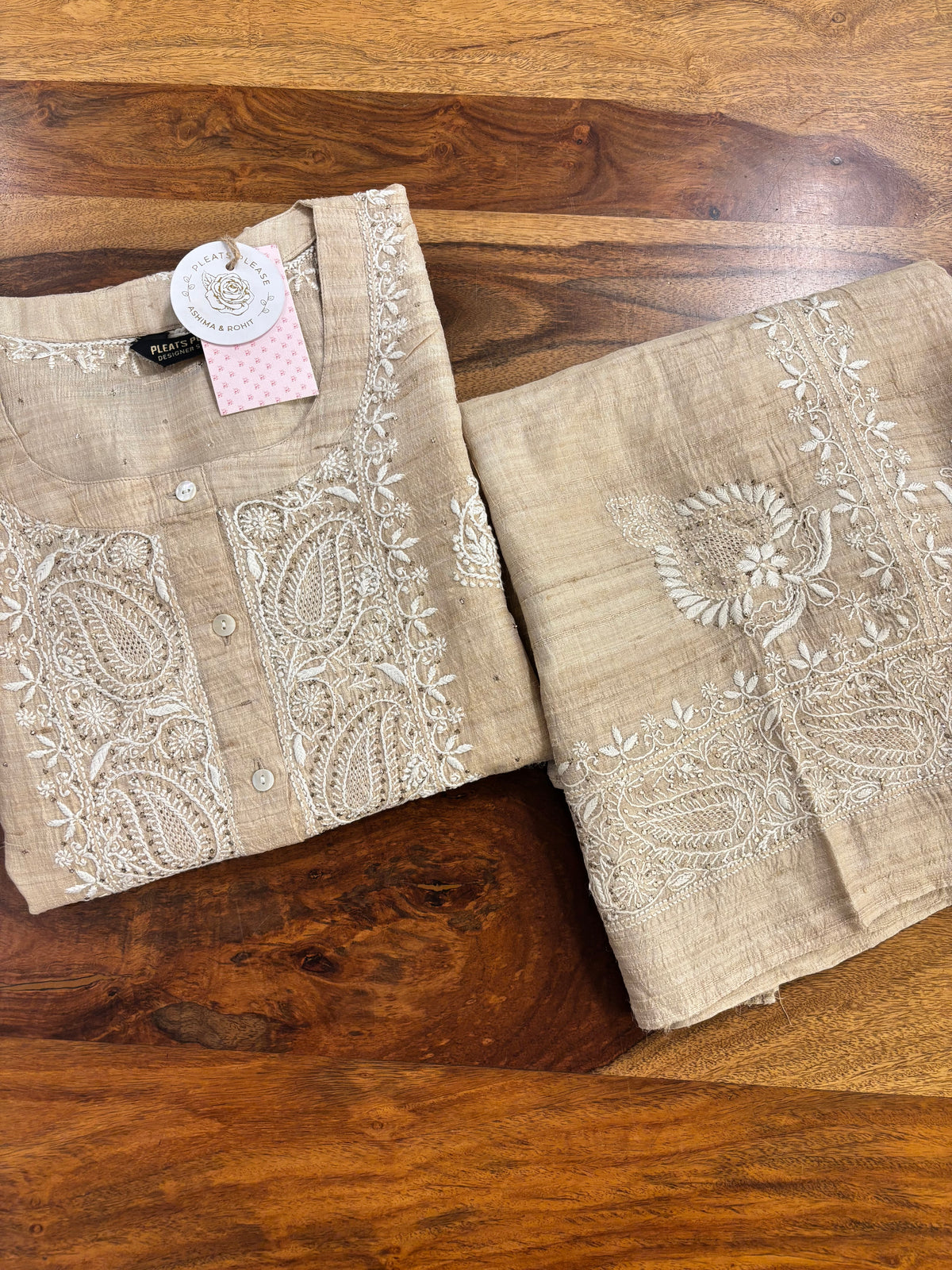 Natural Tussar Silk Chikankari Mukaish Co-Ord Set