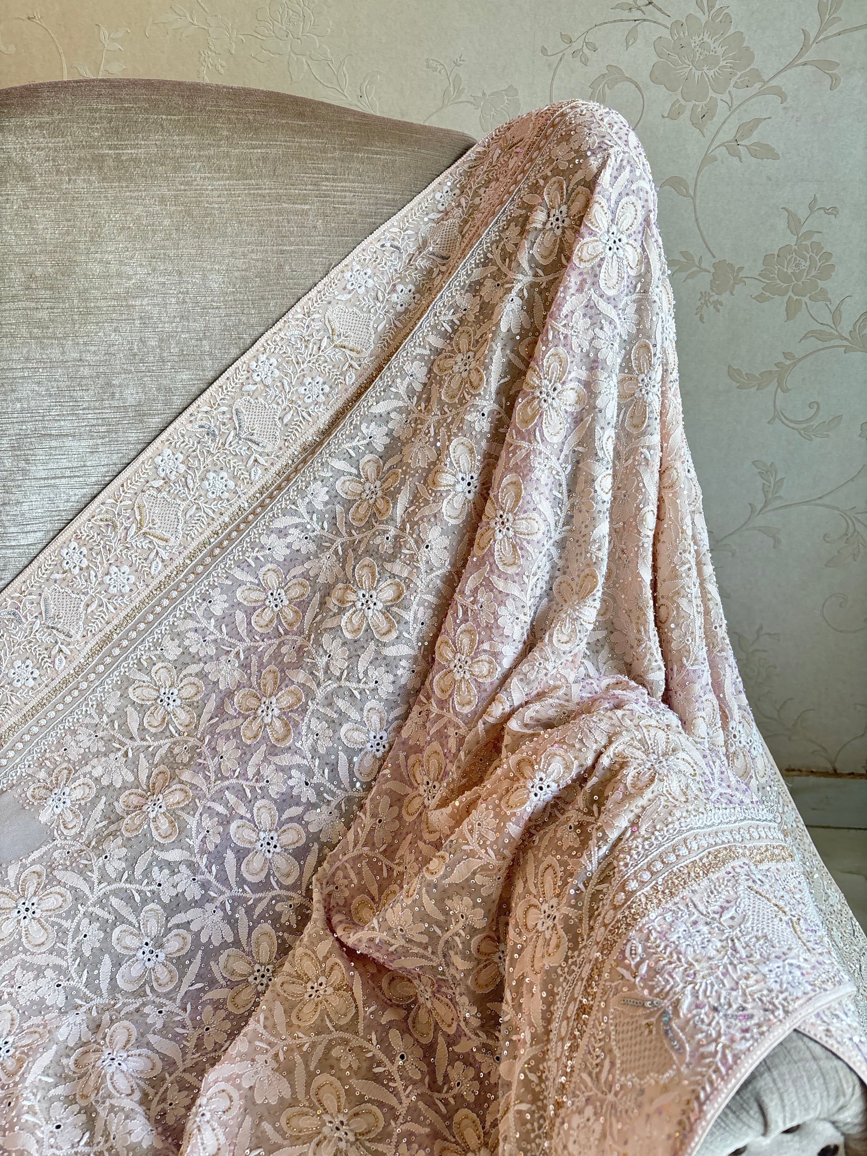 Coffee Cream Pure Georgette Chikankari Saree and Blouse