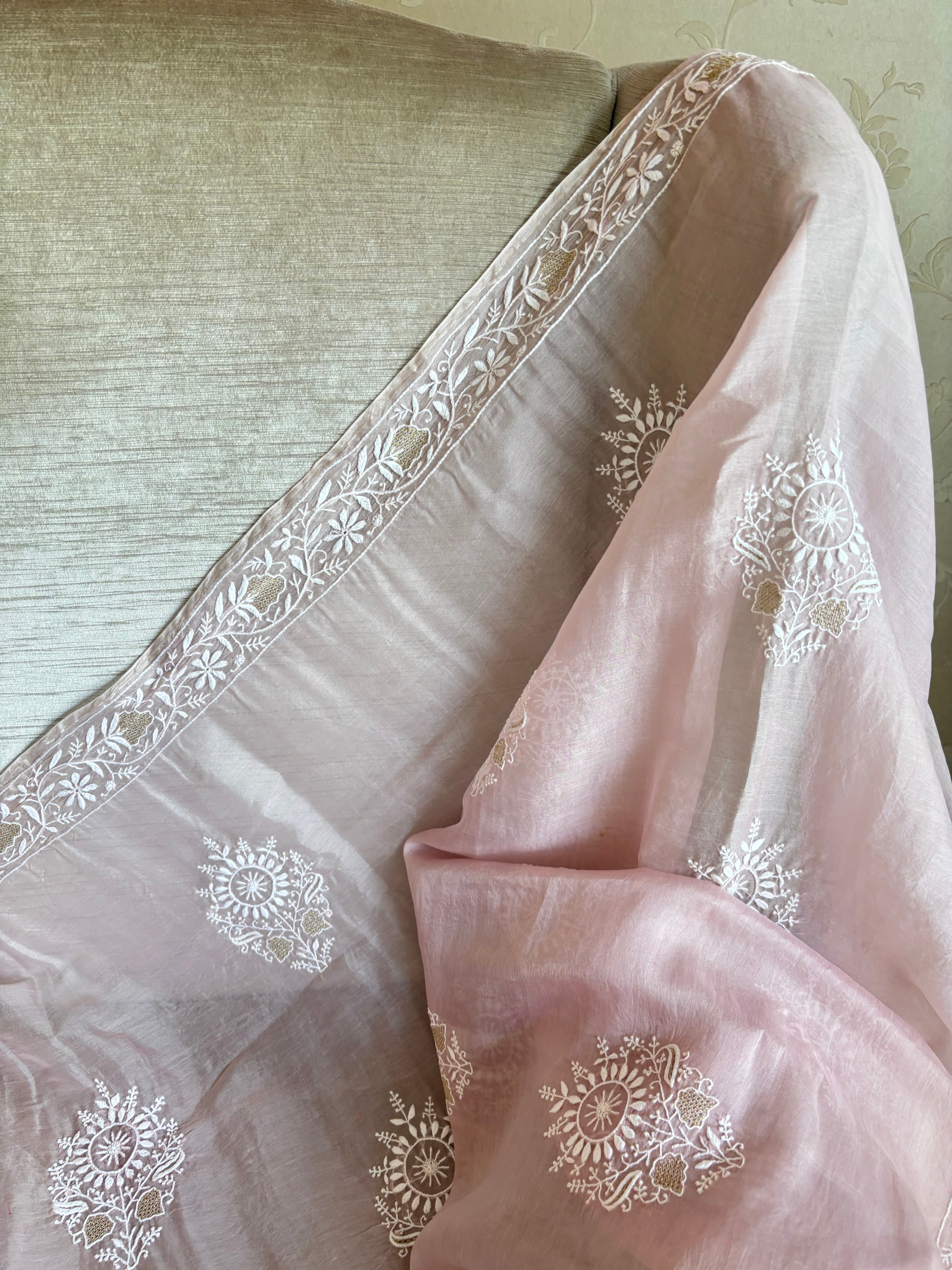 Barely Pink Organza Silk  Only Chikankari Saree and Blouse