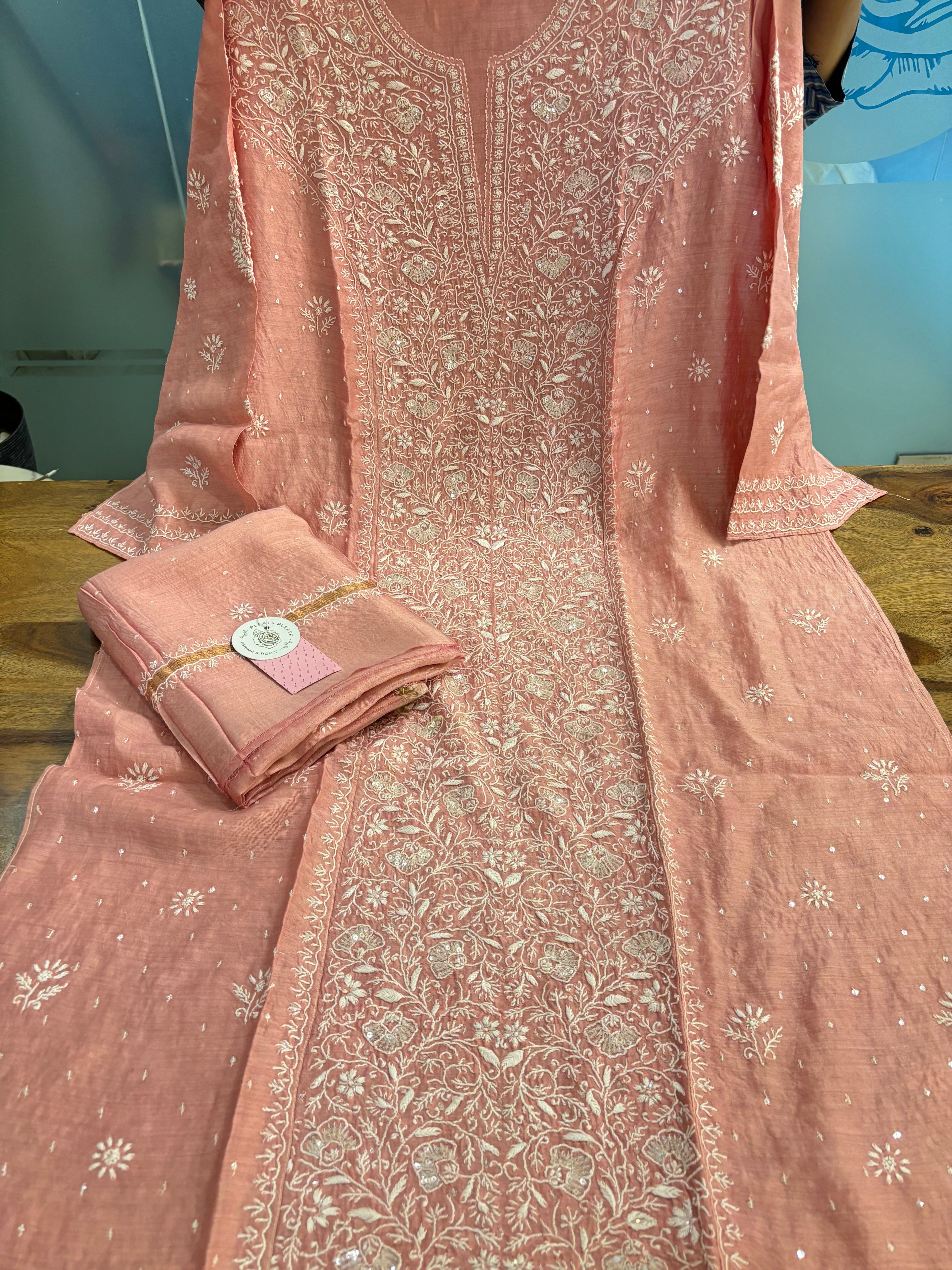 Baby Pink Monga Silk Chikankari Kurta & Dupatta