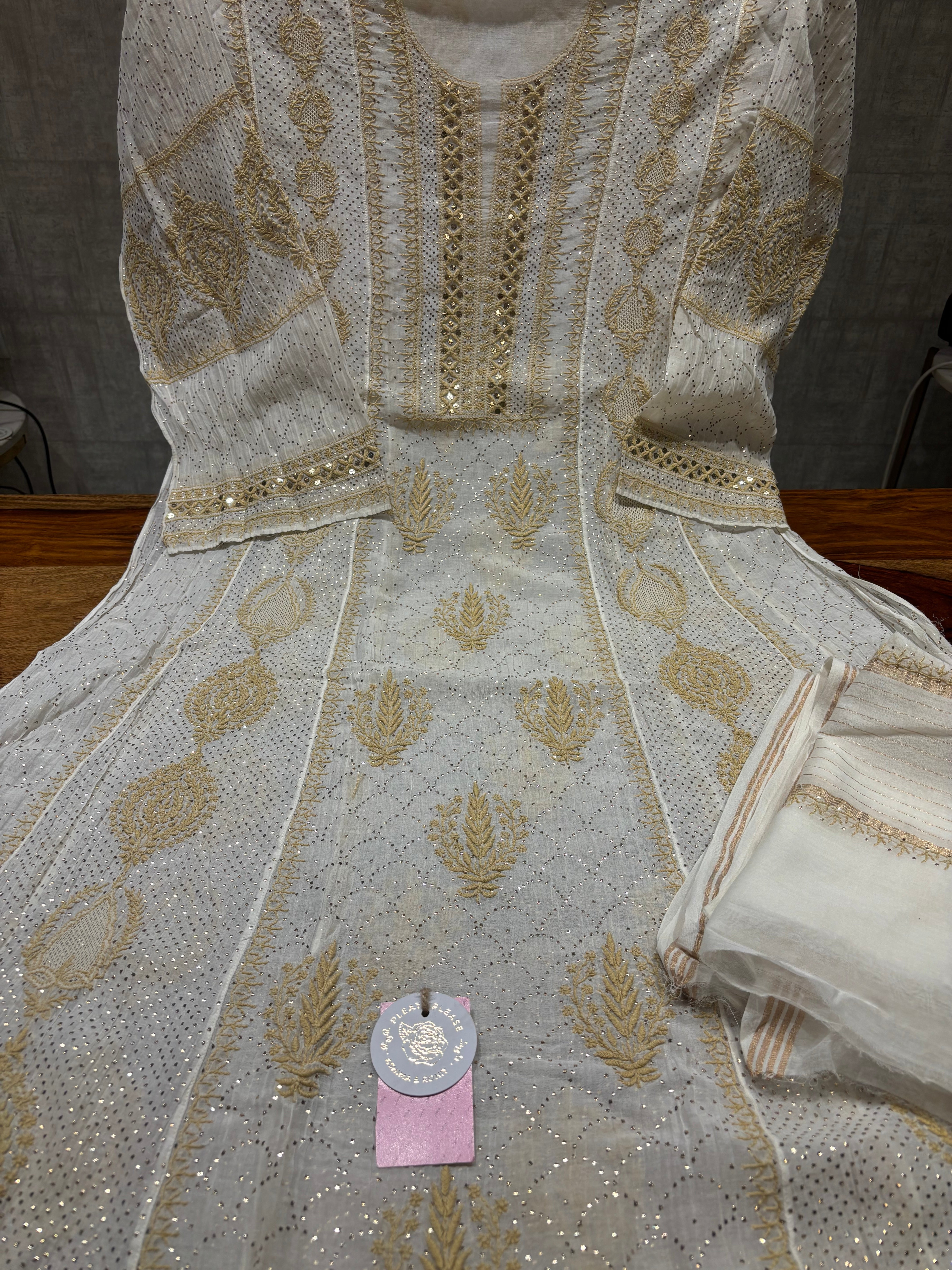 Dyeable Pure and Premium Chanderi Mul Chikankari & Mukaish Anarkali and Dupatta Set