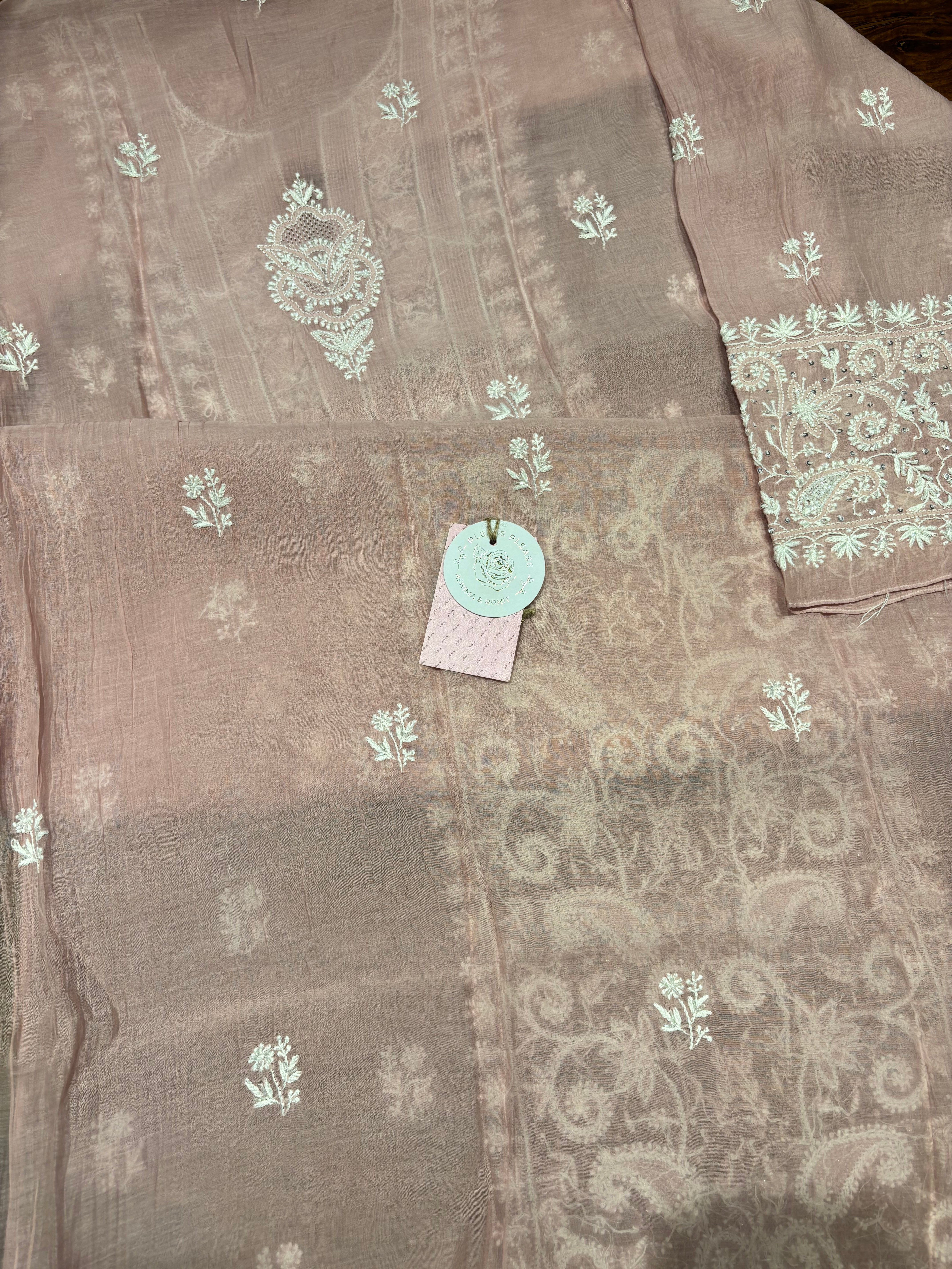 Oyster Pink Chanderi Mul Chikankari Kurta and Dupatta Set