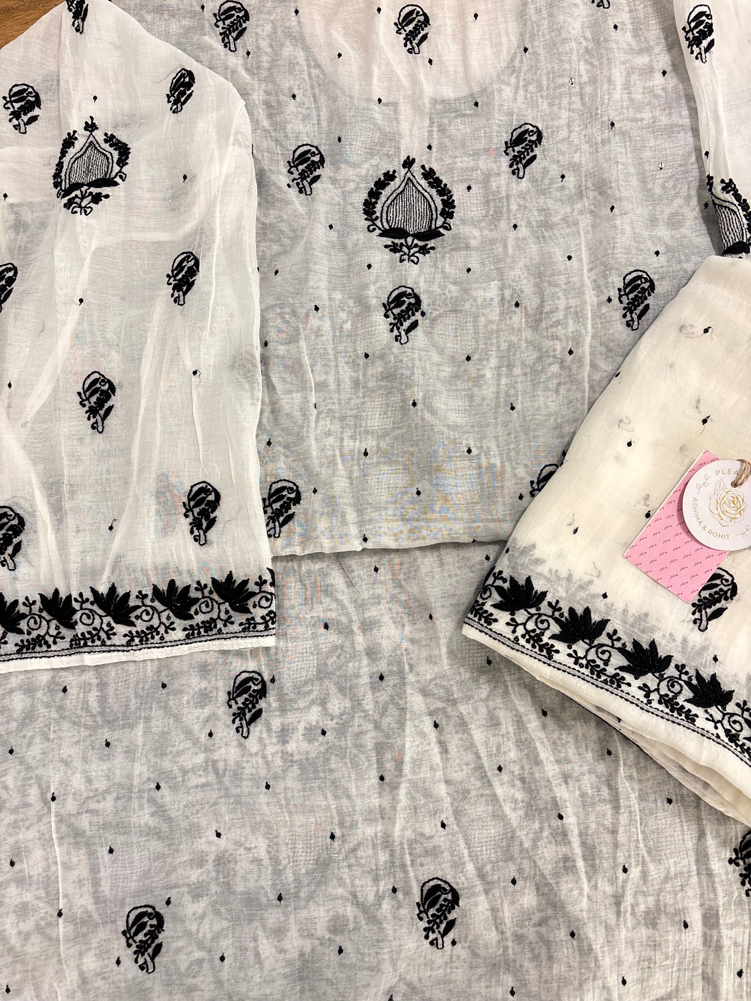 Dyeable Chanderi Black & White Chikankari Kurta & Dupatta