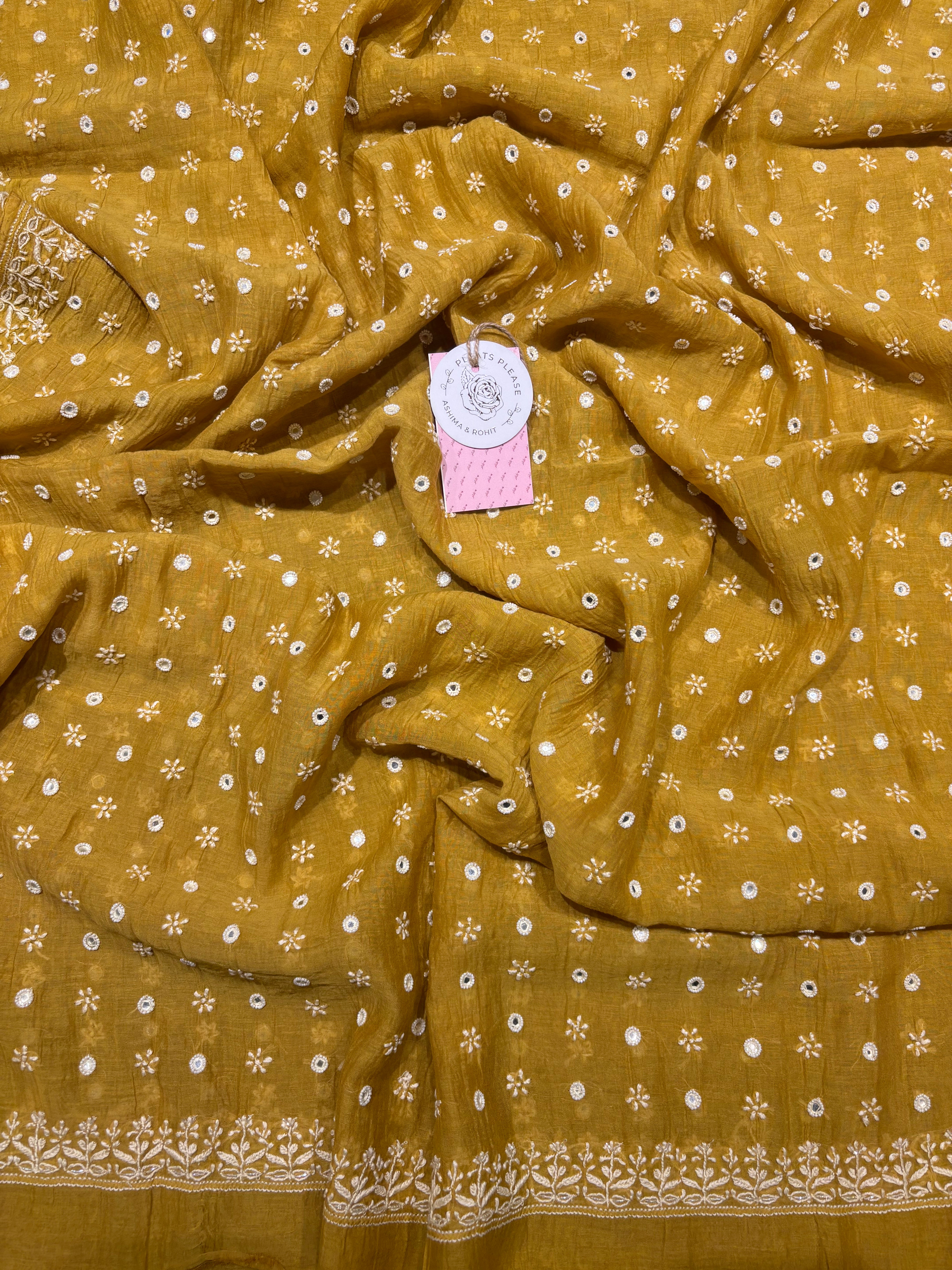 Mustard Chanderi Mul Chikankari Kurta and Dupatta Set