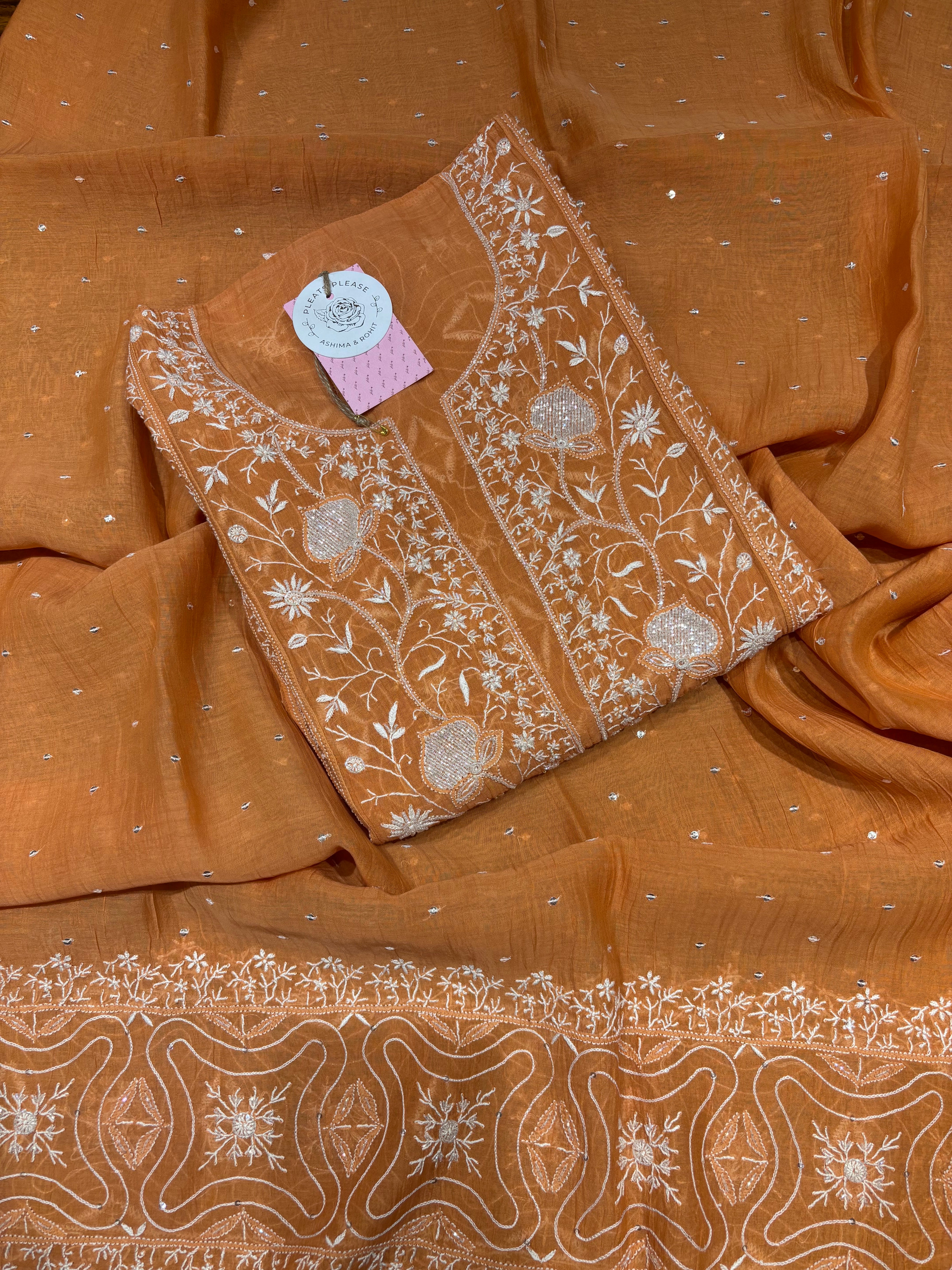 Orange Chanderi Mul Chikankari Kurta & Dupatta Set