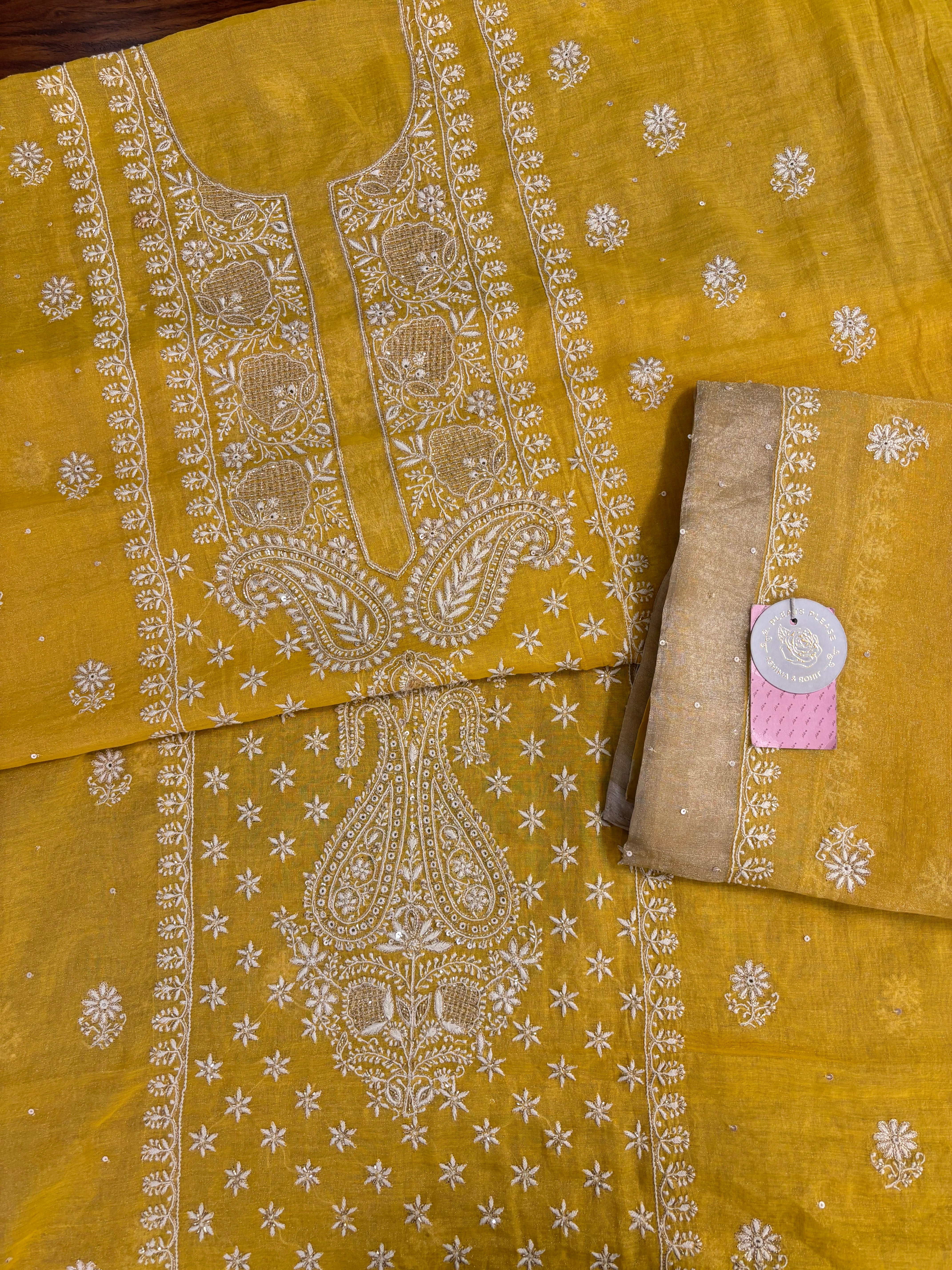 Yellow Pure & Premium Tissue Chikankari Kurta & Dupatta