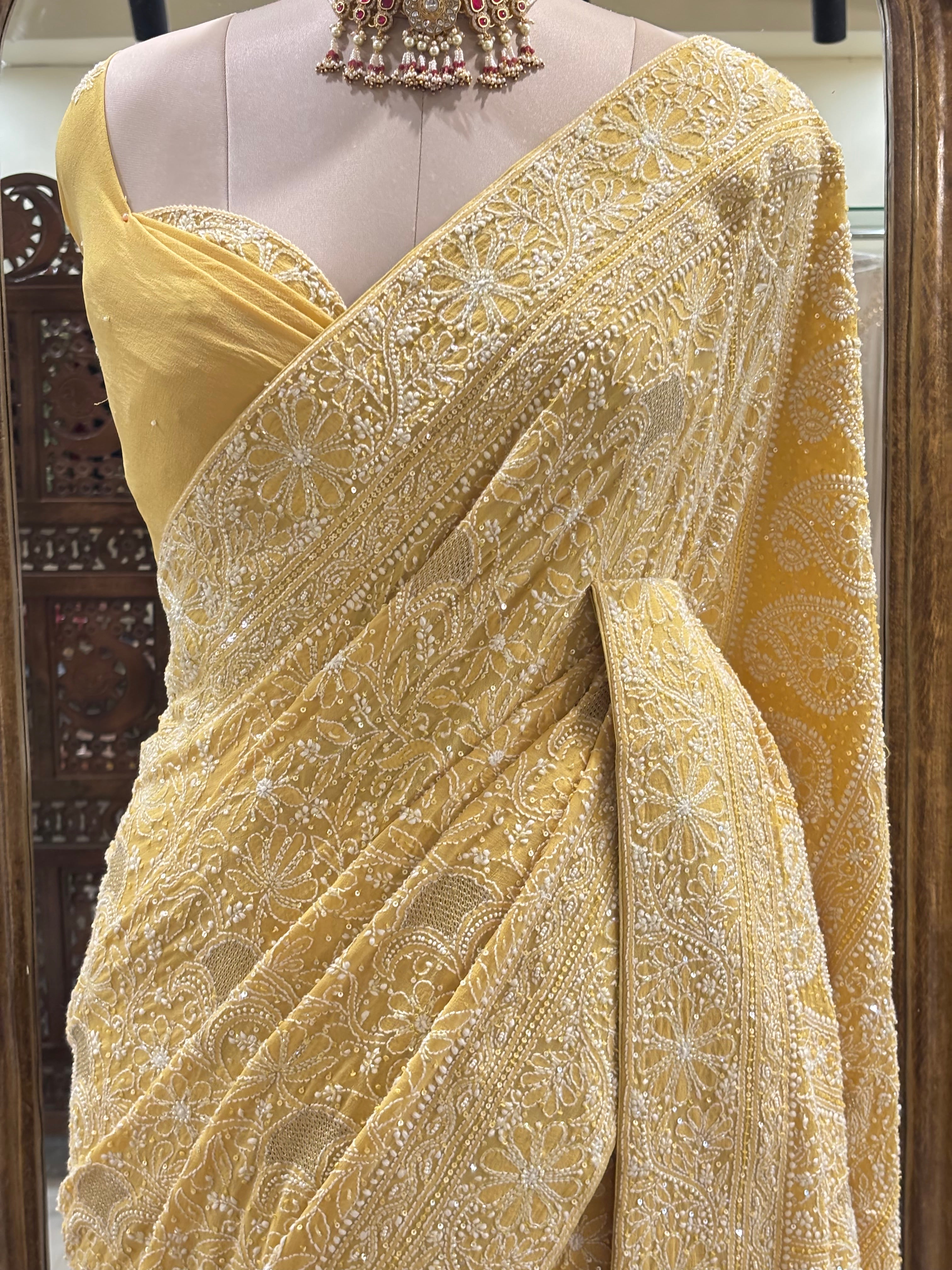 Bright Yellow Pure & Premium Georgette Chikankari Saree
