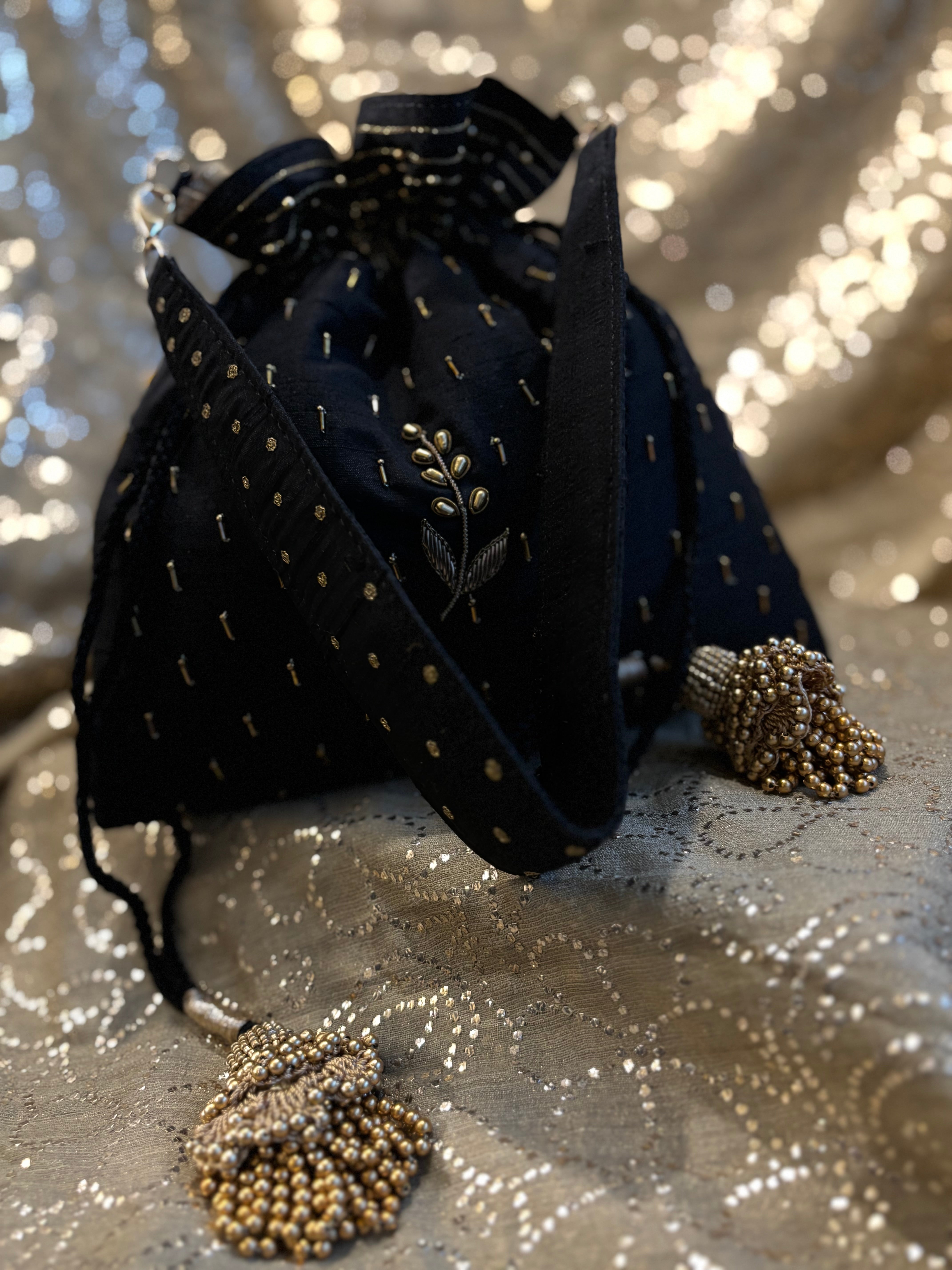 Black Zardozi & Mukaish Potli - Pleats PleaseChikankari