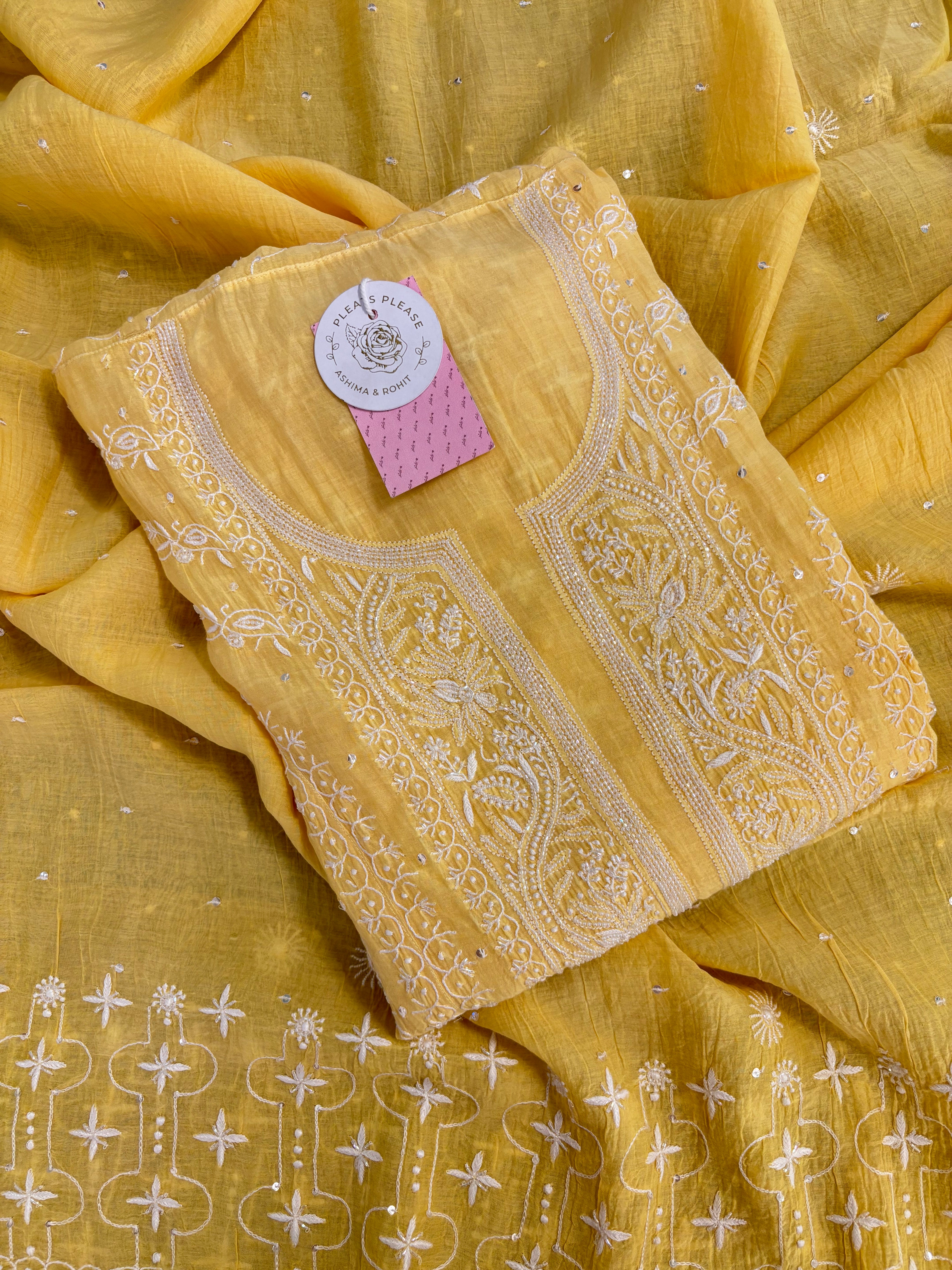 Yellow Chanderi Mul Chikankari Anarkali & Dupatta Set