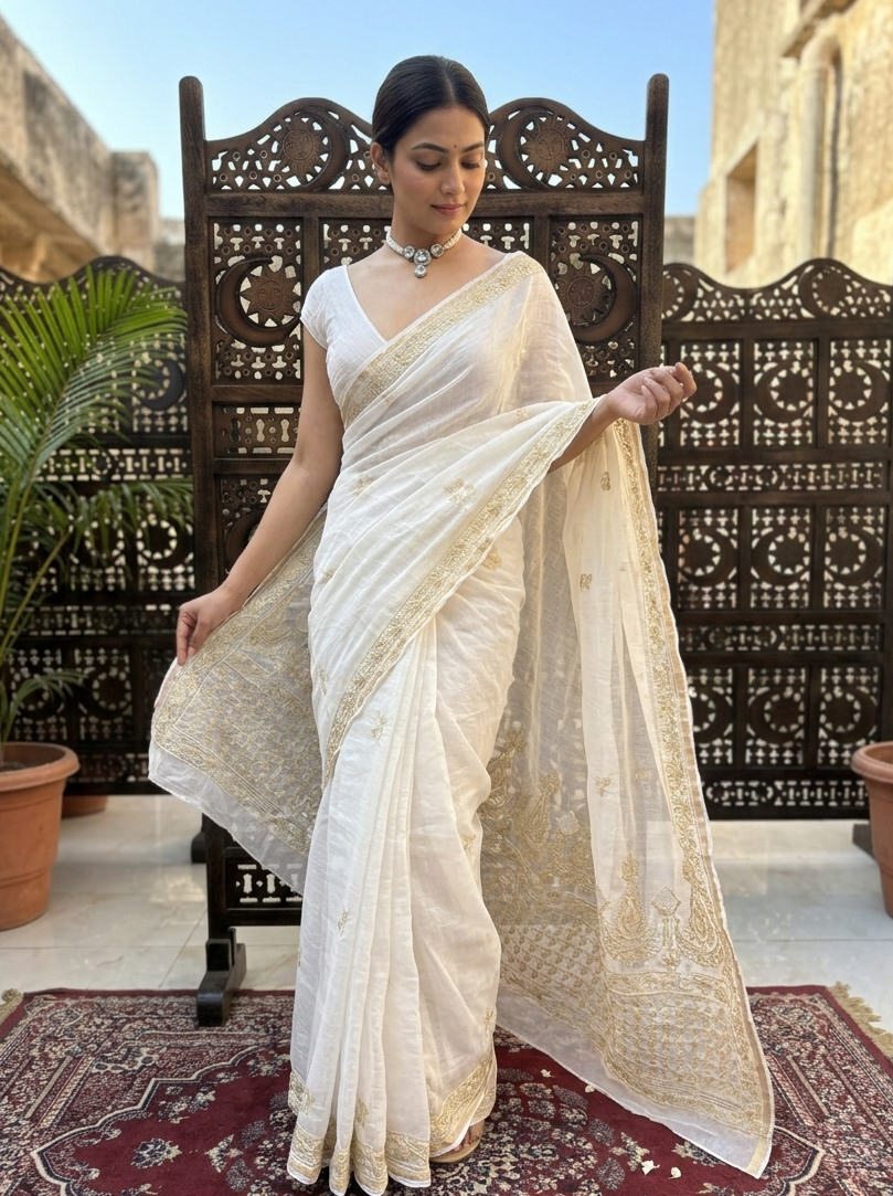 Dyeable Pure Chanderi Mul Chikankari Saree