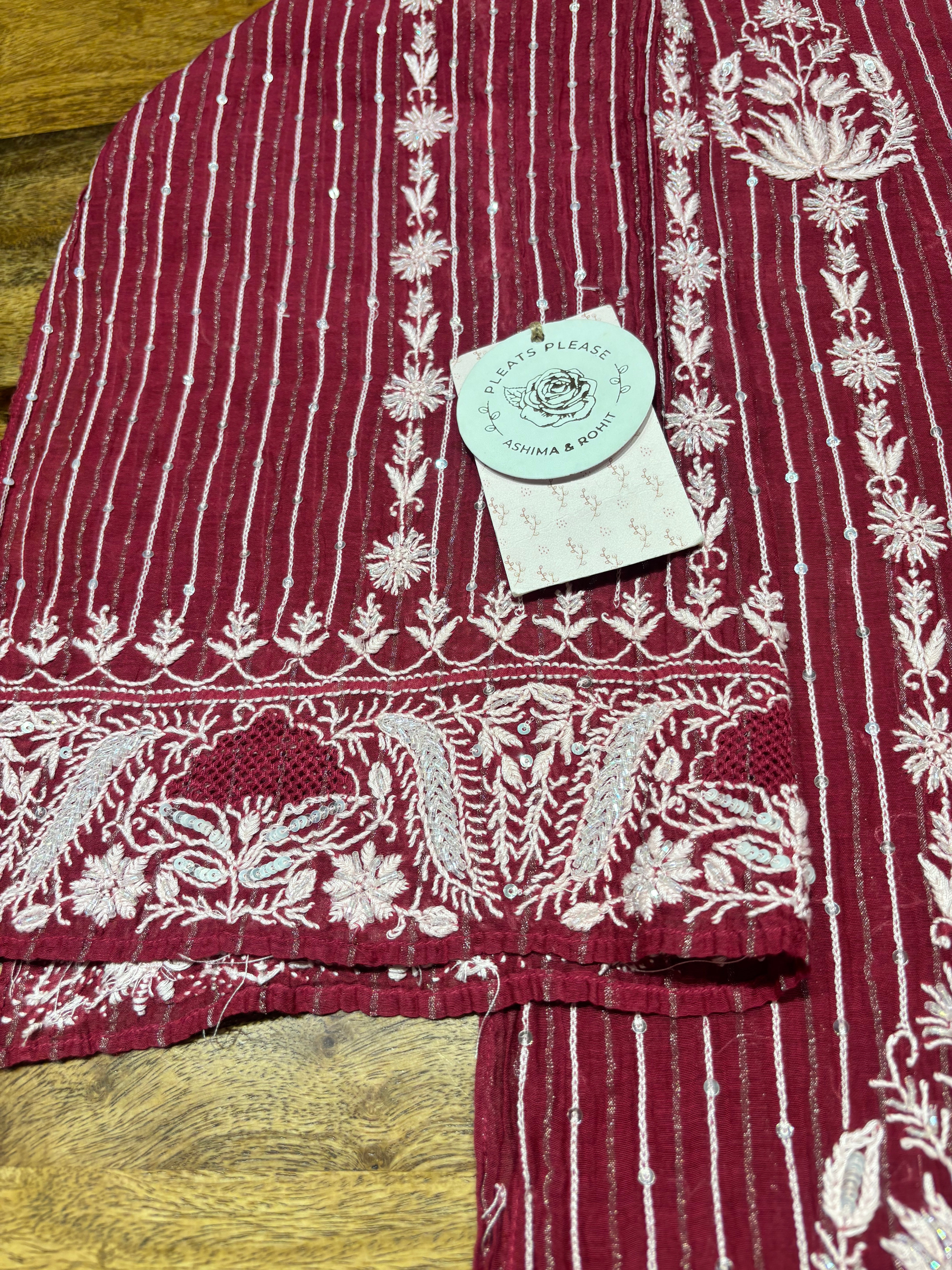 Beetroot Red Chanderi Mul Chikankari Kurta & Dupatta Set
