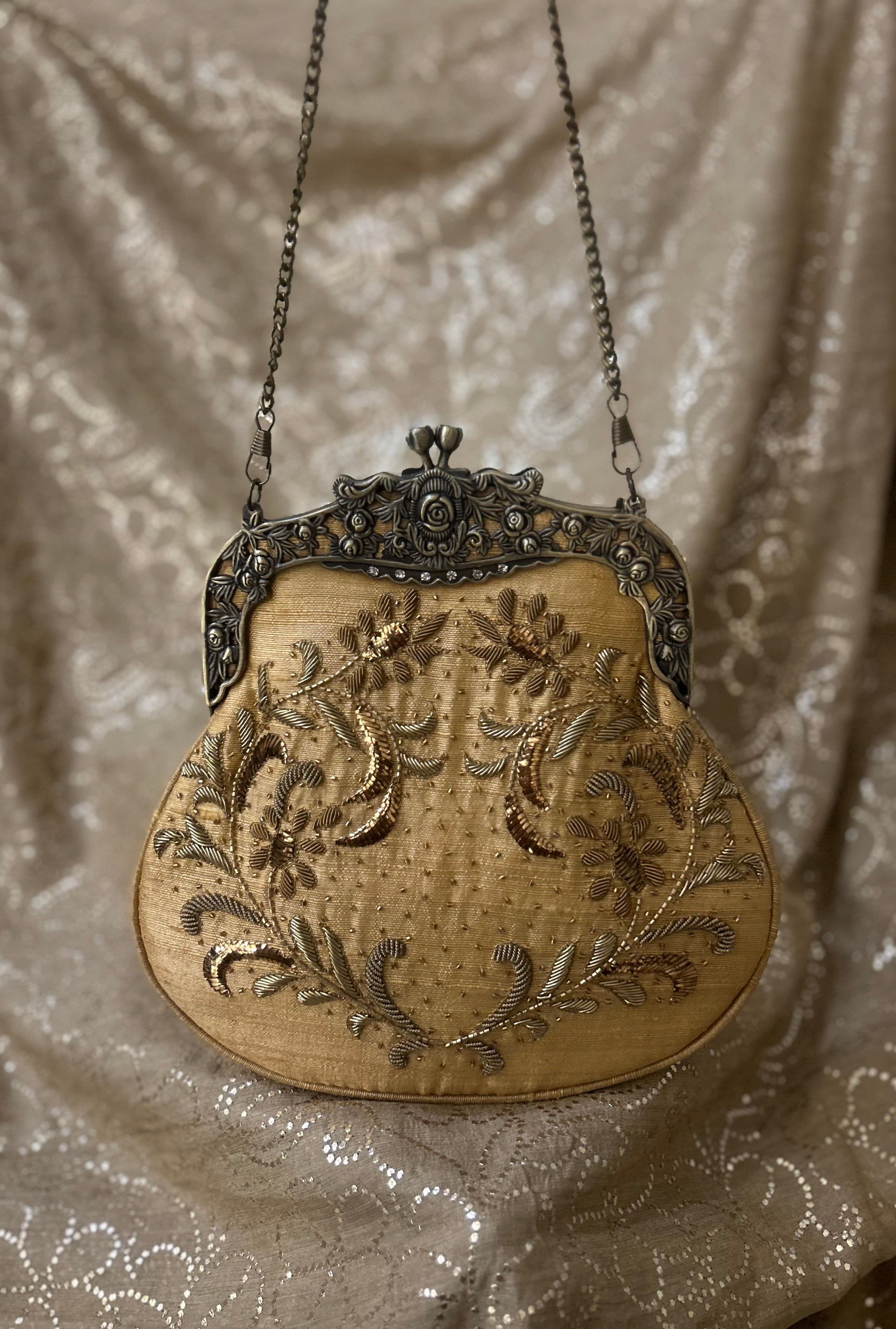 Beige Zardozi Mukaish Clutch Bag - Pleats PleaseChikankari