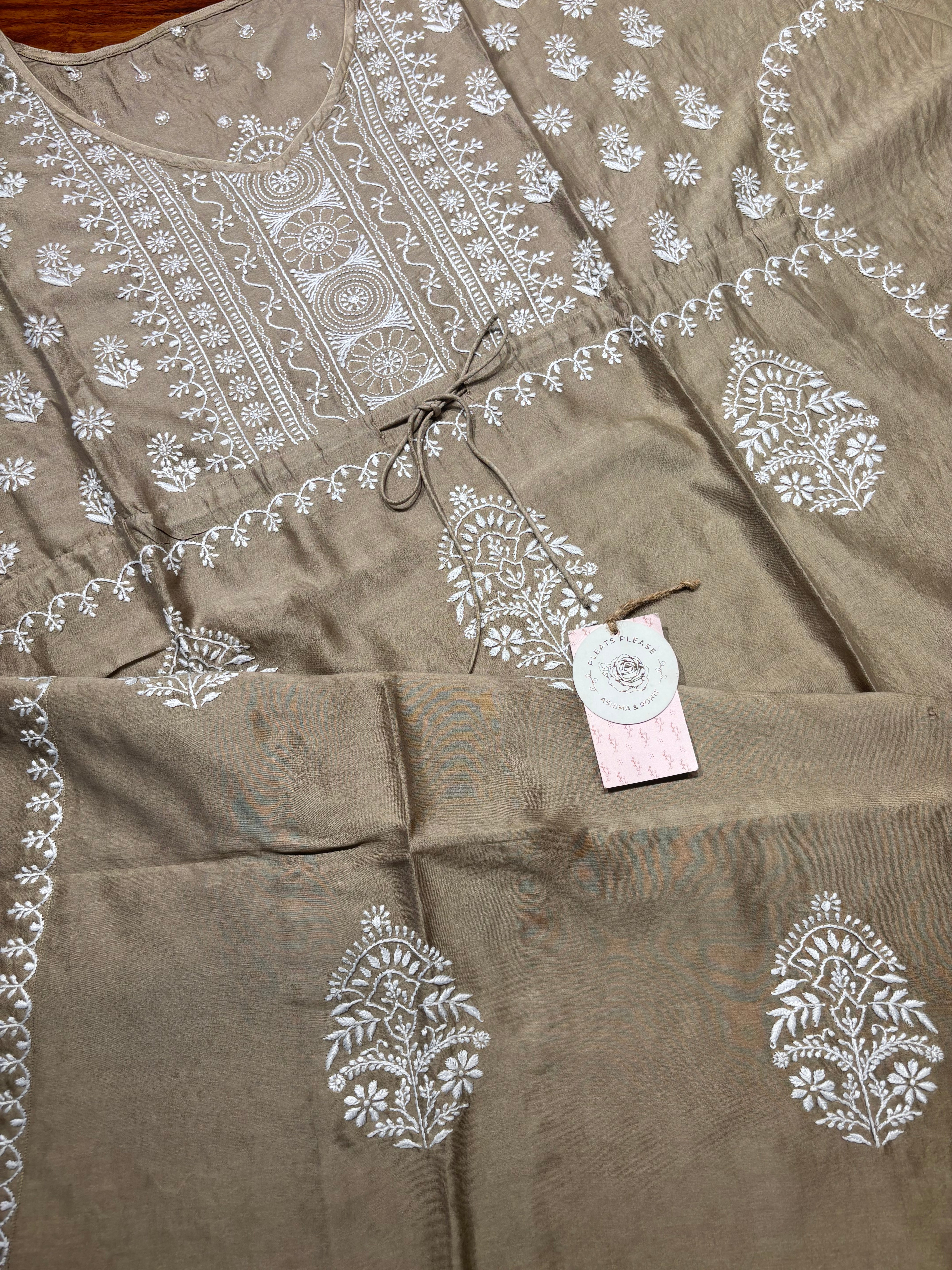 Brown Chanderi Silk Chikankari Kaftan