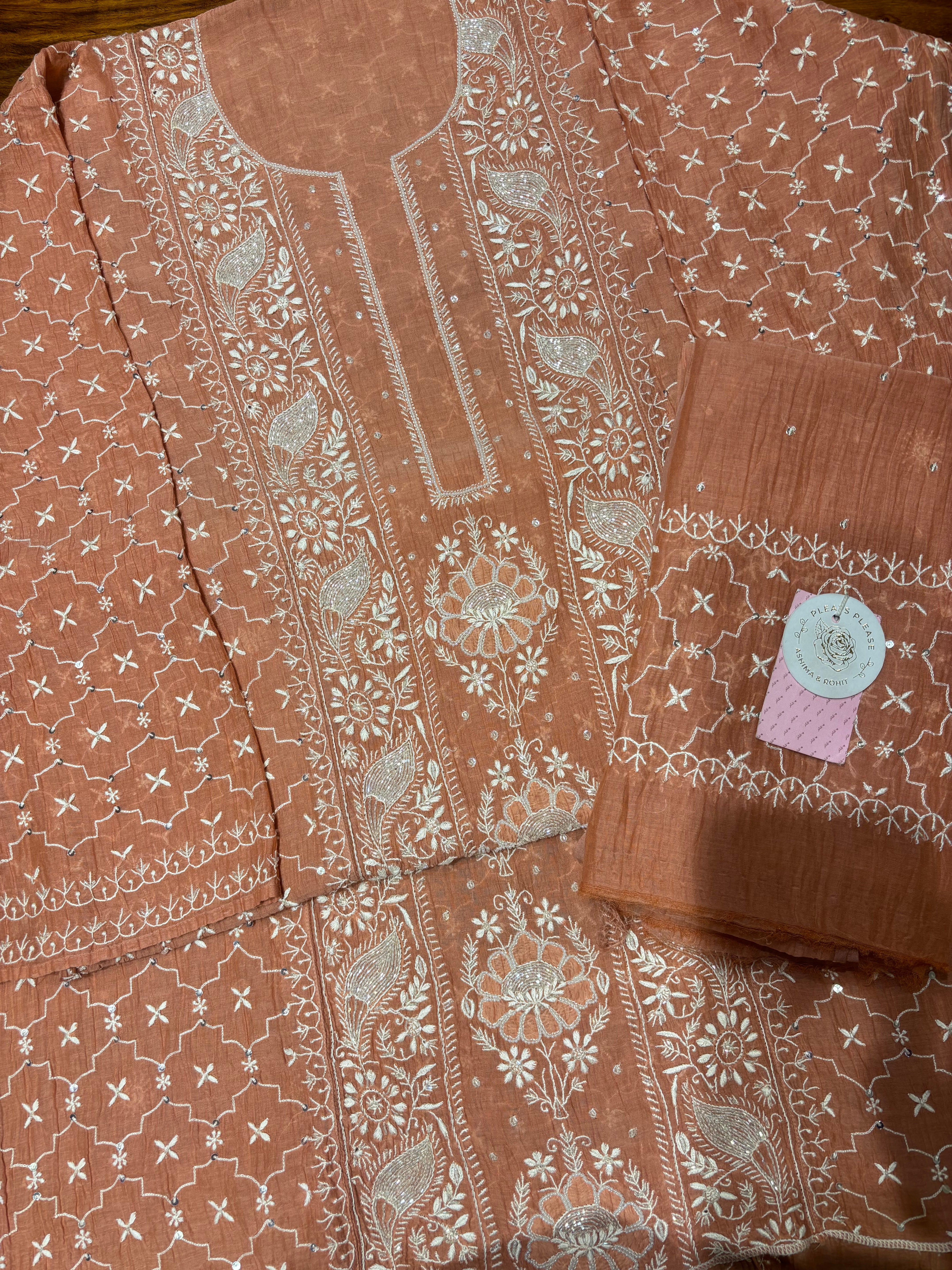 Peach Pure Chanderi Mul Chikankari Kurta & Dupatta