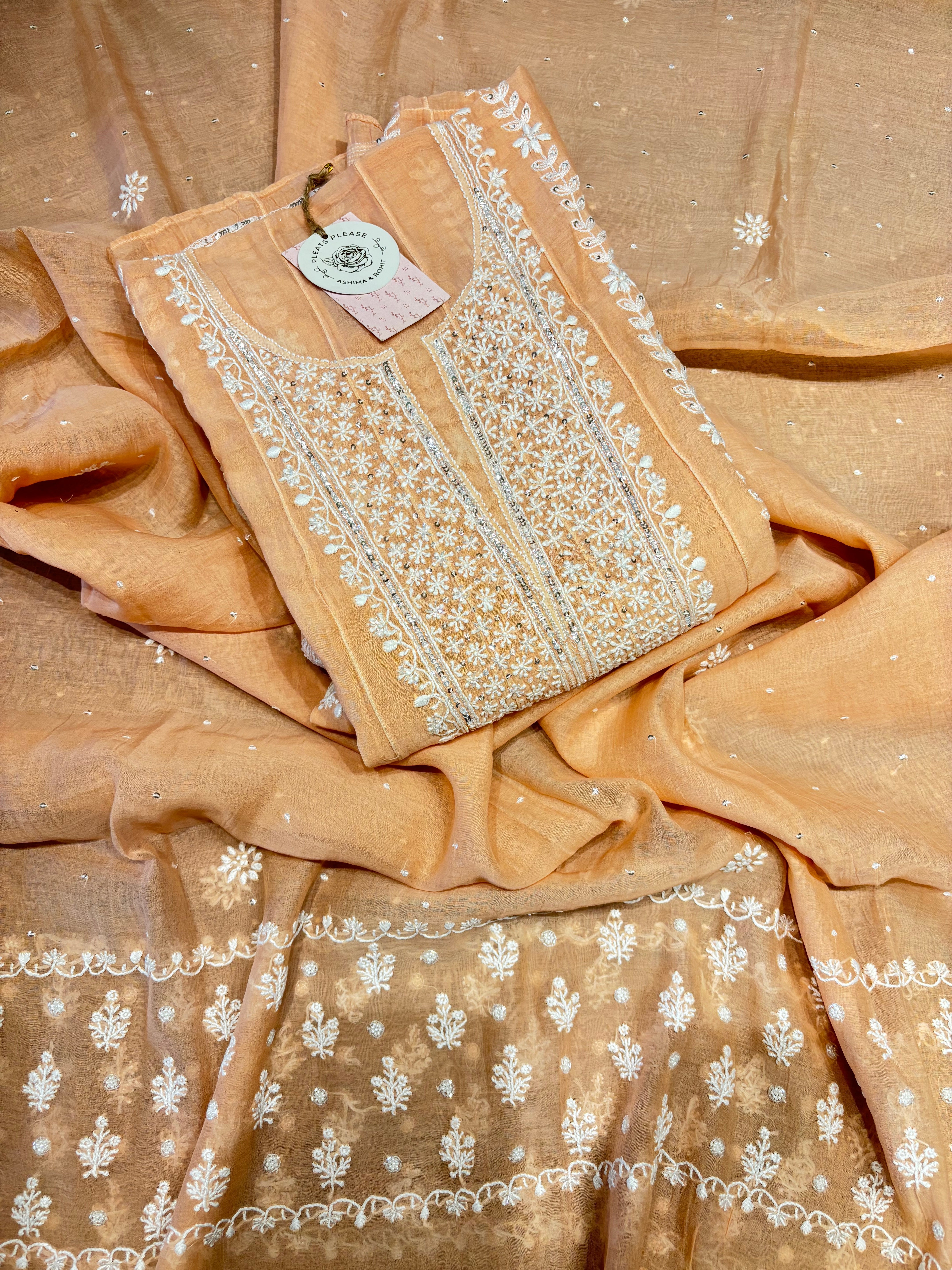 Peach Chanderi mul Chikankati Anarkali &Dupatta Set
