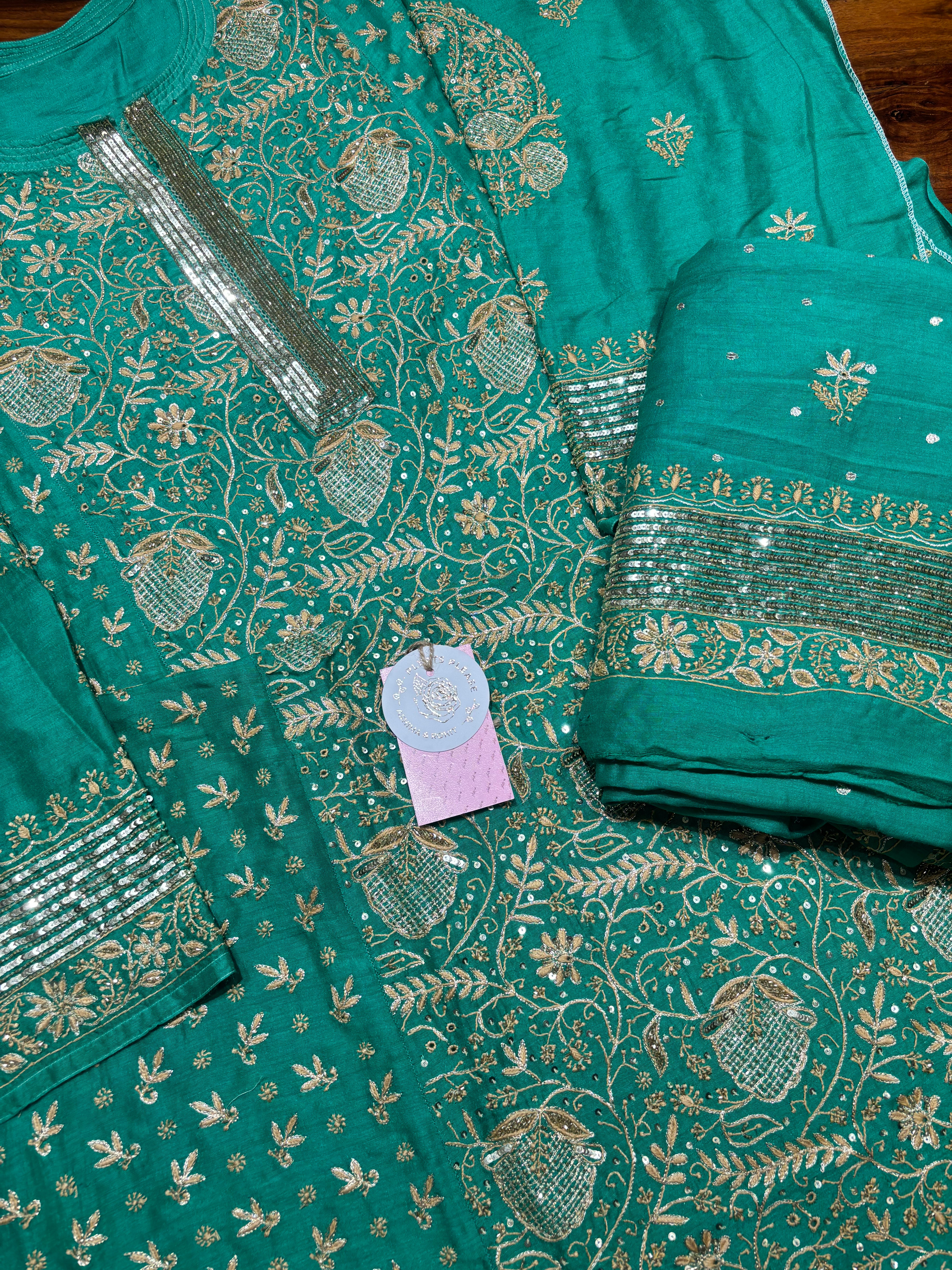 Green Monga Silk Chikankari Kurta and Dupatta