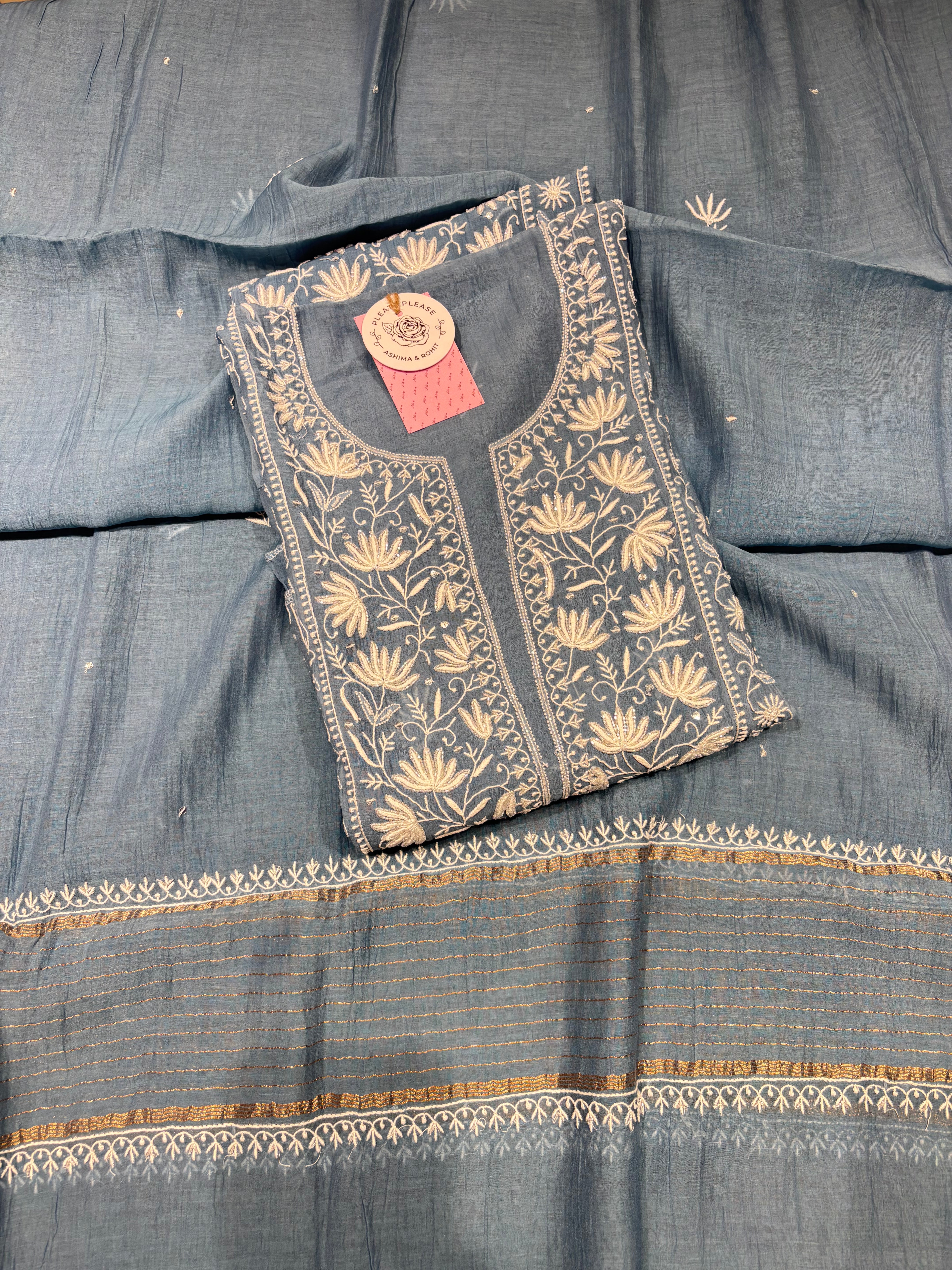 Blue Chanderi Mul Chikankari Kurta & Dupatta Set