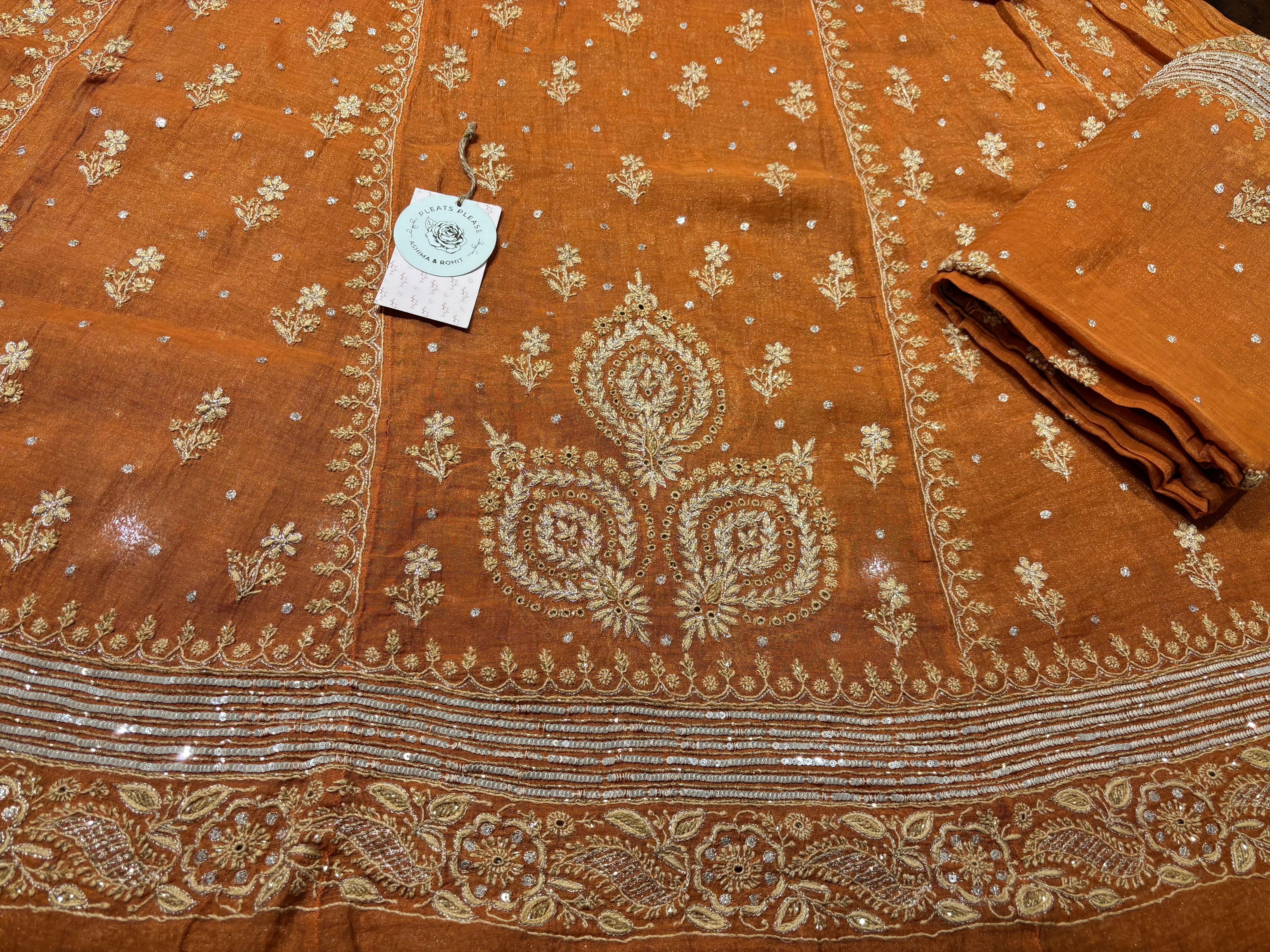 Burnt Orange Pure And Premium Tissue Chikankari Anarkali, Dupatta And Bottom