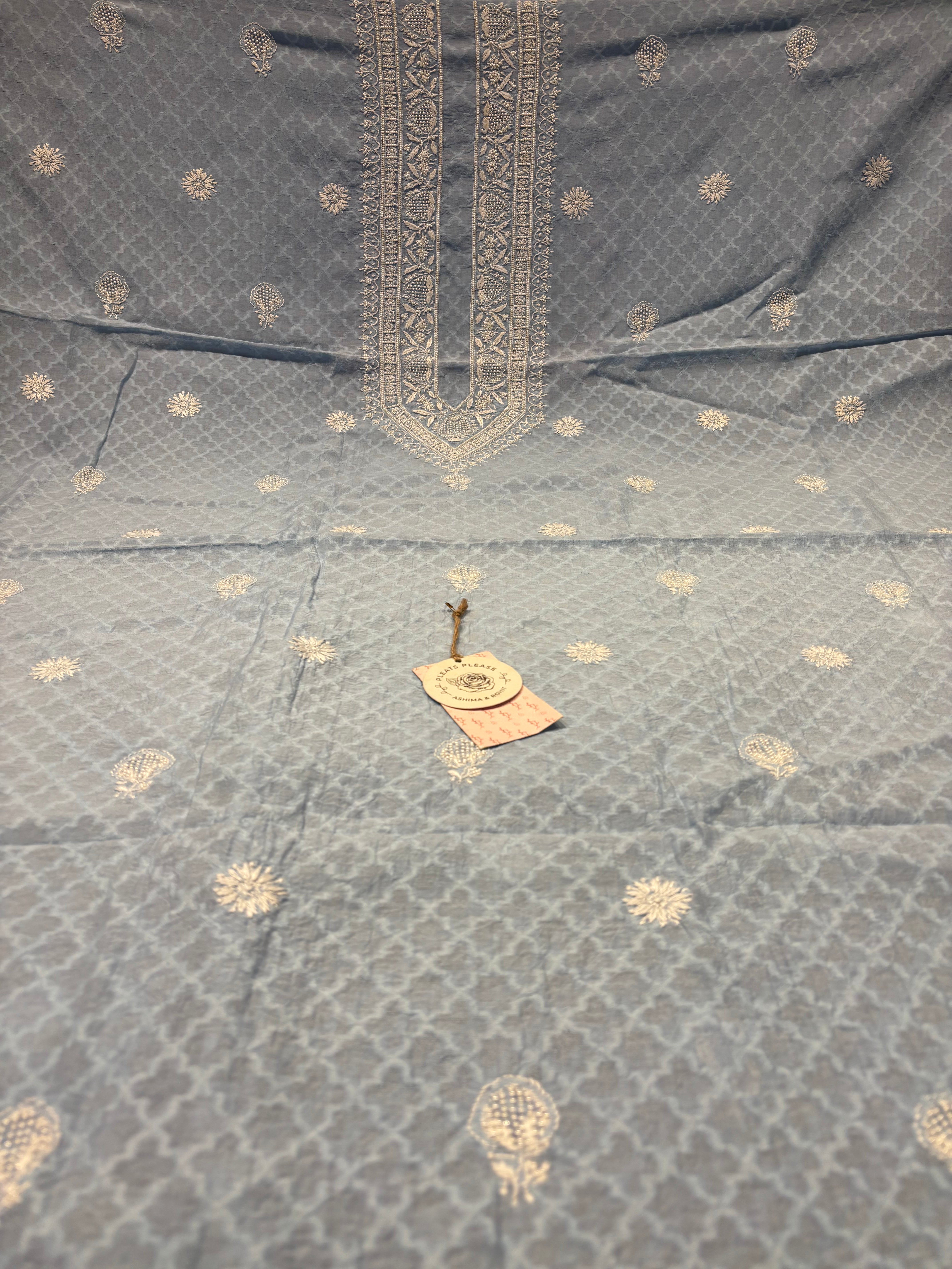 Blue Chanderi Mul  Chikankari Men’s Kurta Fabric