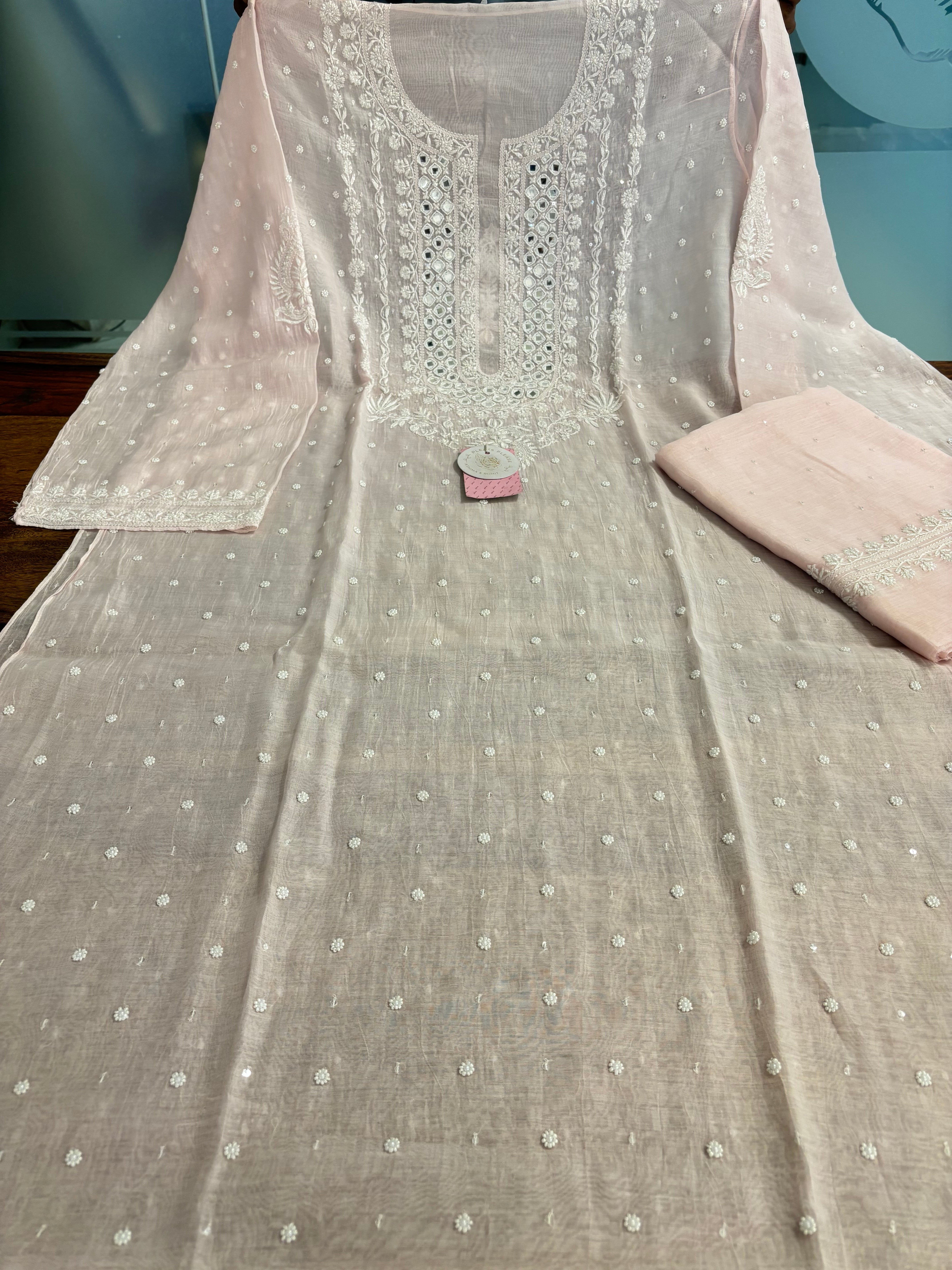 Powder Pink Pure Chanderi Chikankari Kurta & Dupatta Set
