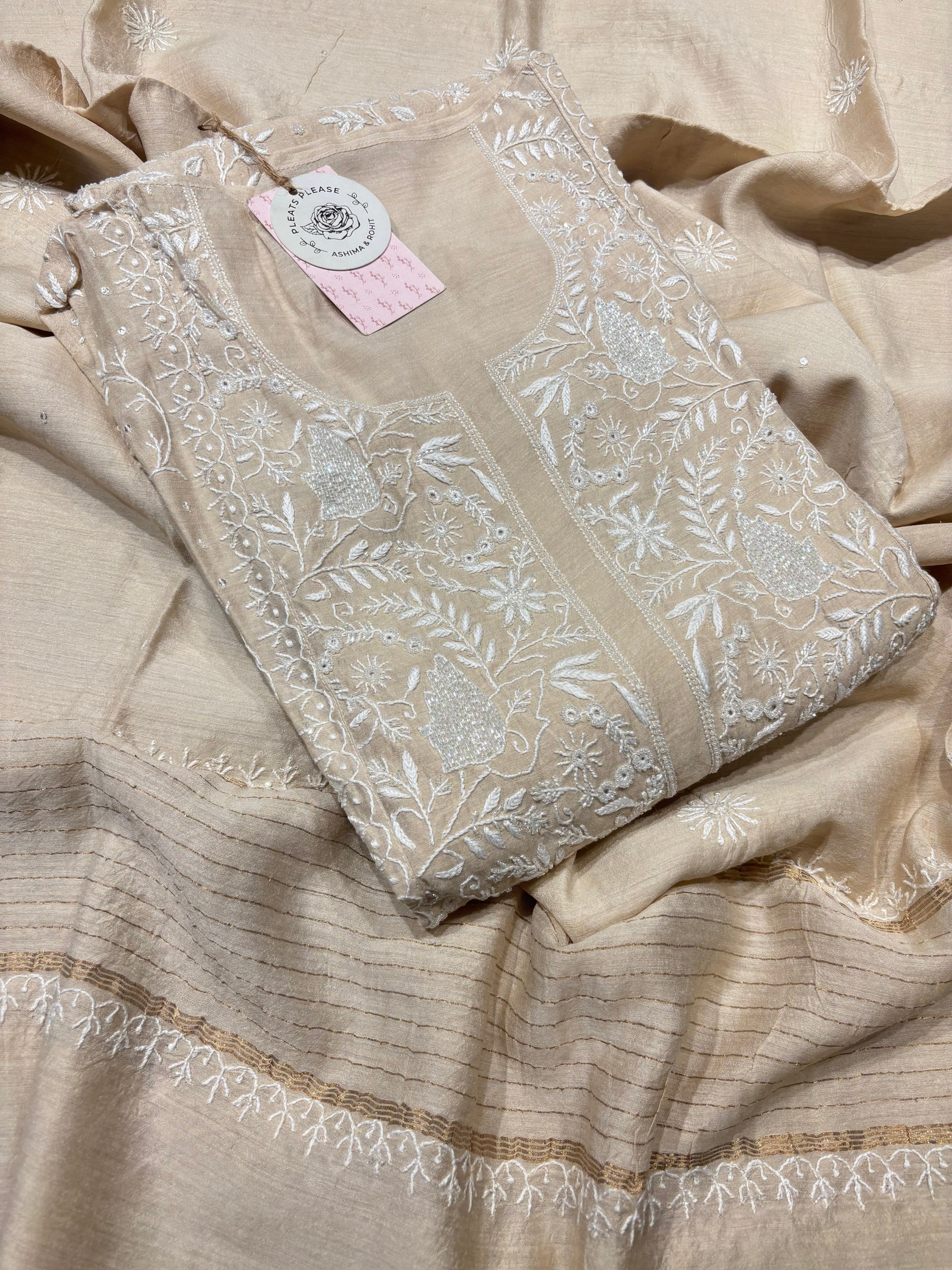 Dyeable Monga Silk Chikankari Kurta And Dupatta Set