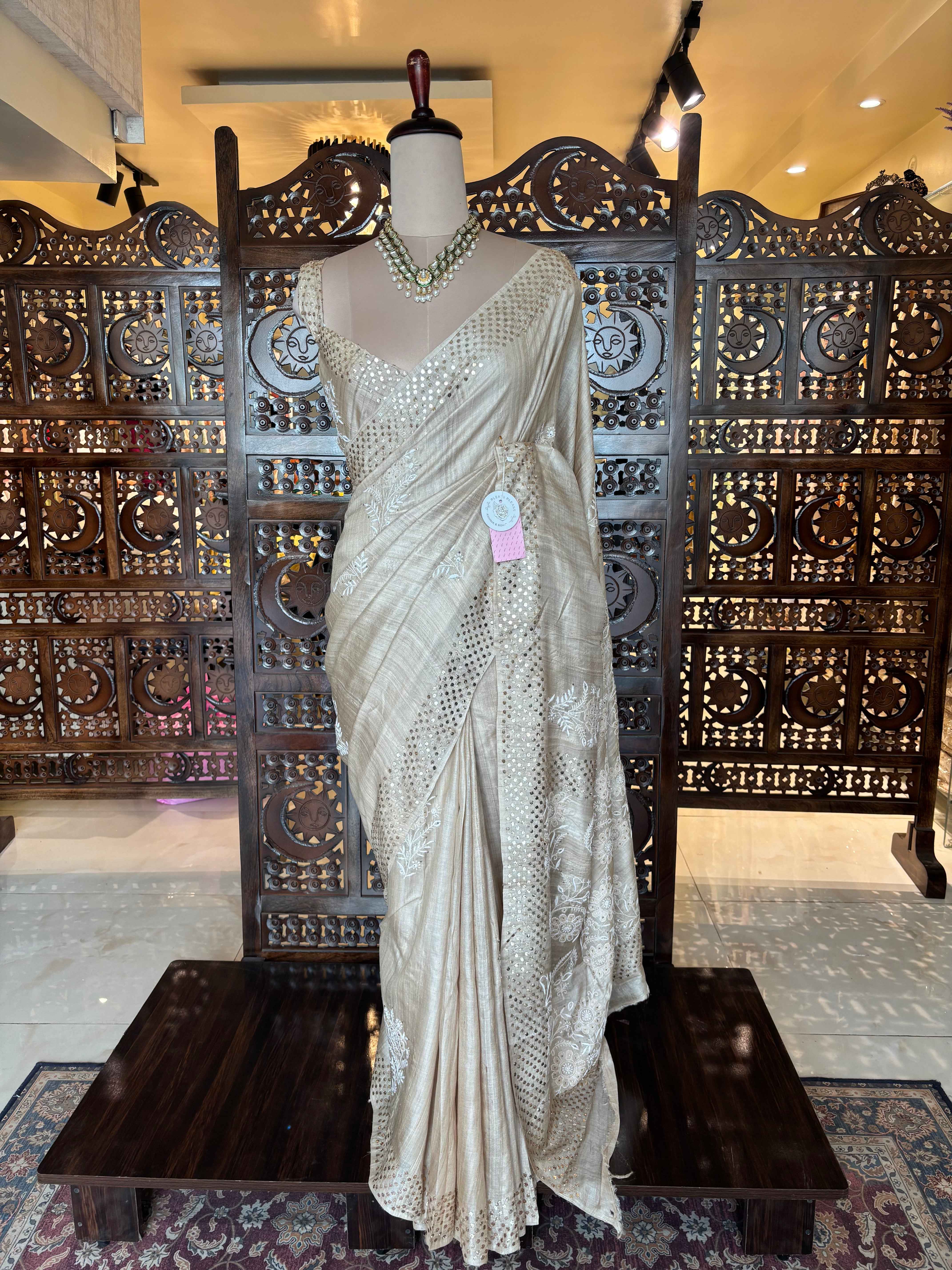 Natural Tussar Silk Chikankari Mukaish Saree
