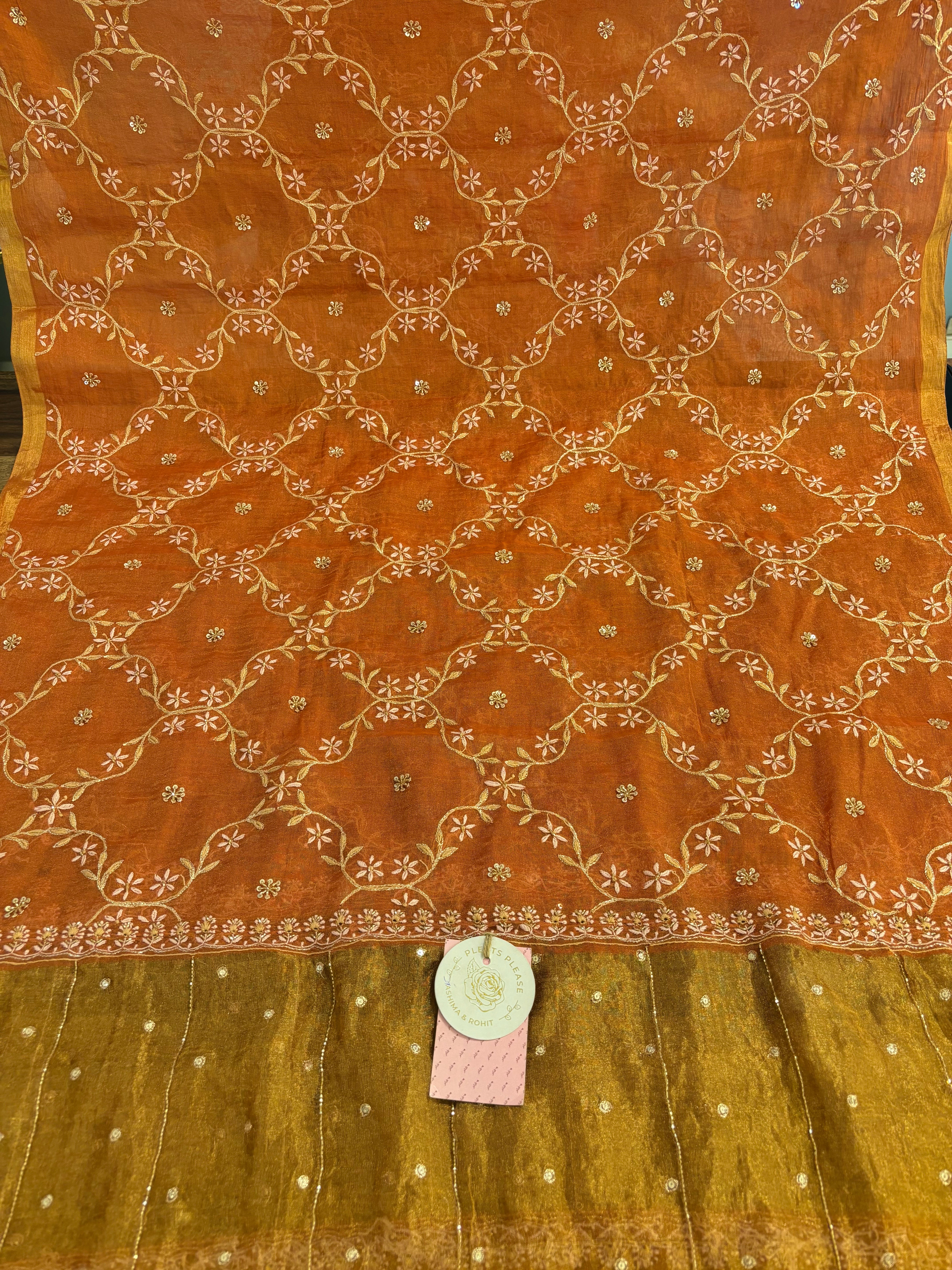 Burnt Orange Pure & Premium Tissue Chikankari A-Line Kurta & Dupatta