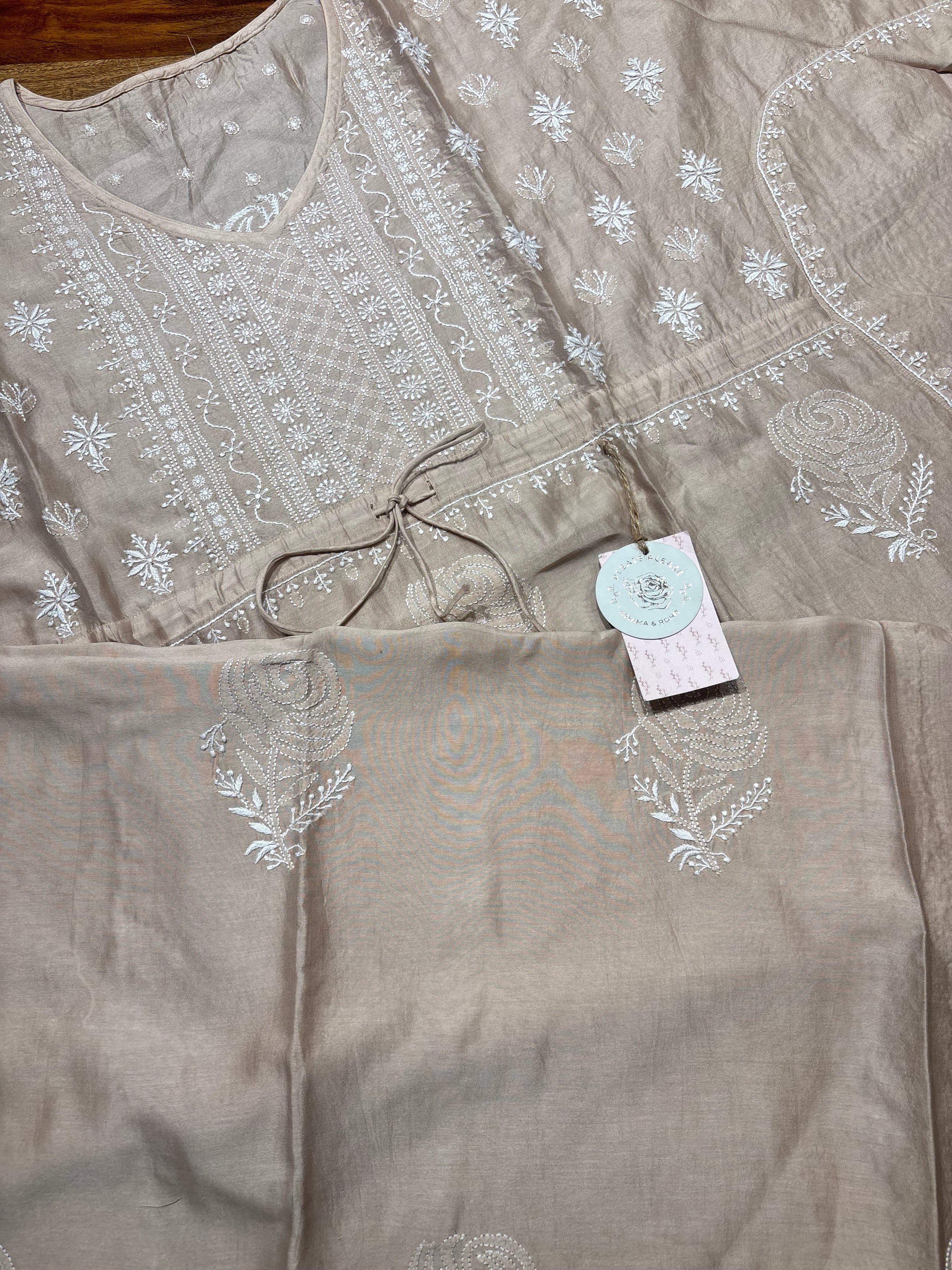 Dusty Peach Chanderi Silk Chikankari Kaftan