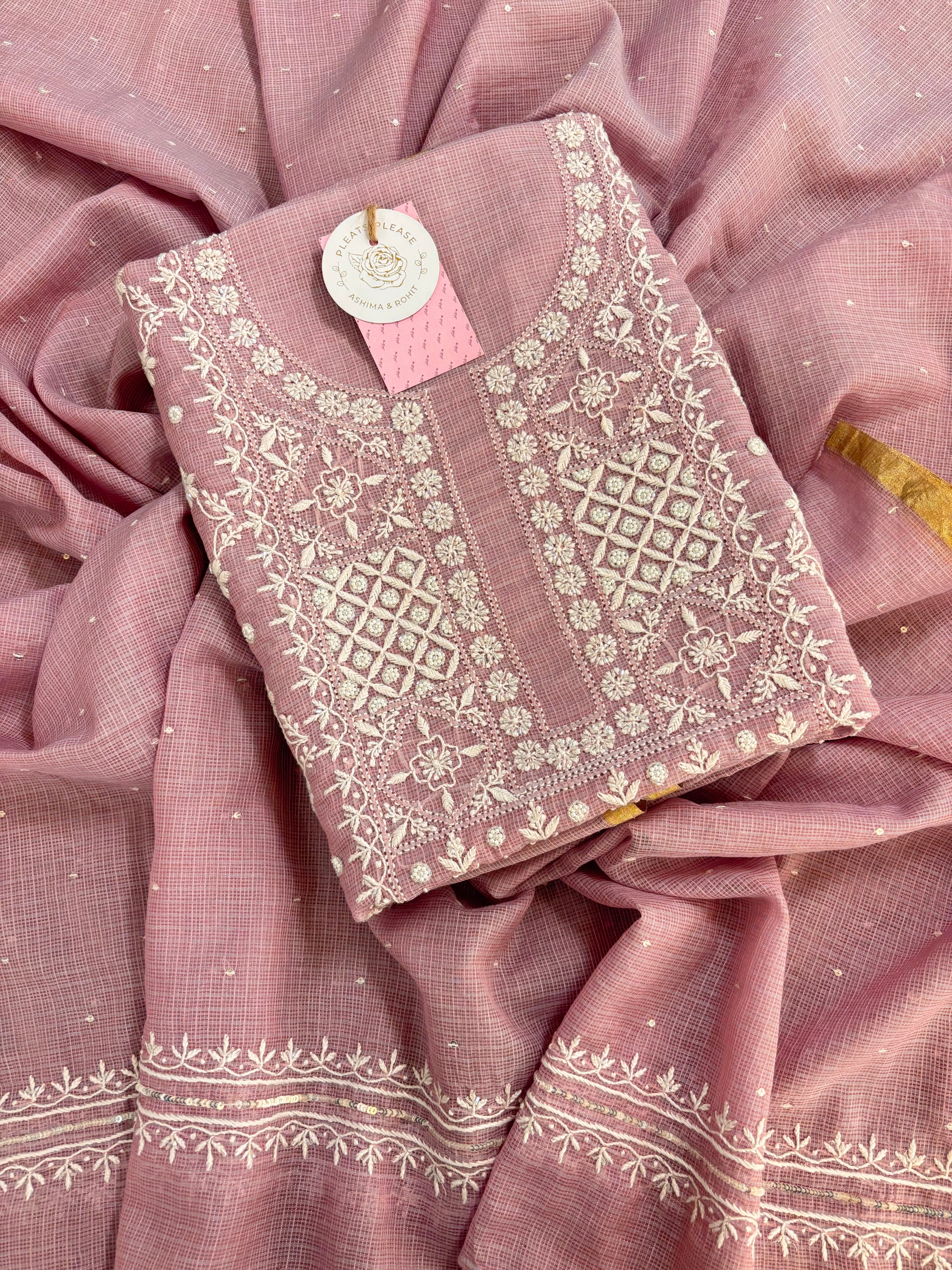 Lilac Kota Doria Chikankari Kurta & Dupatta