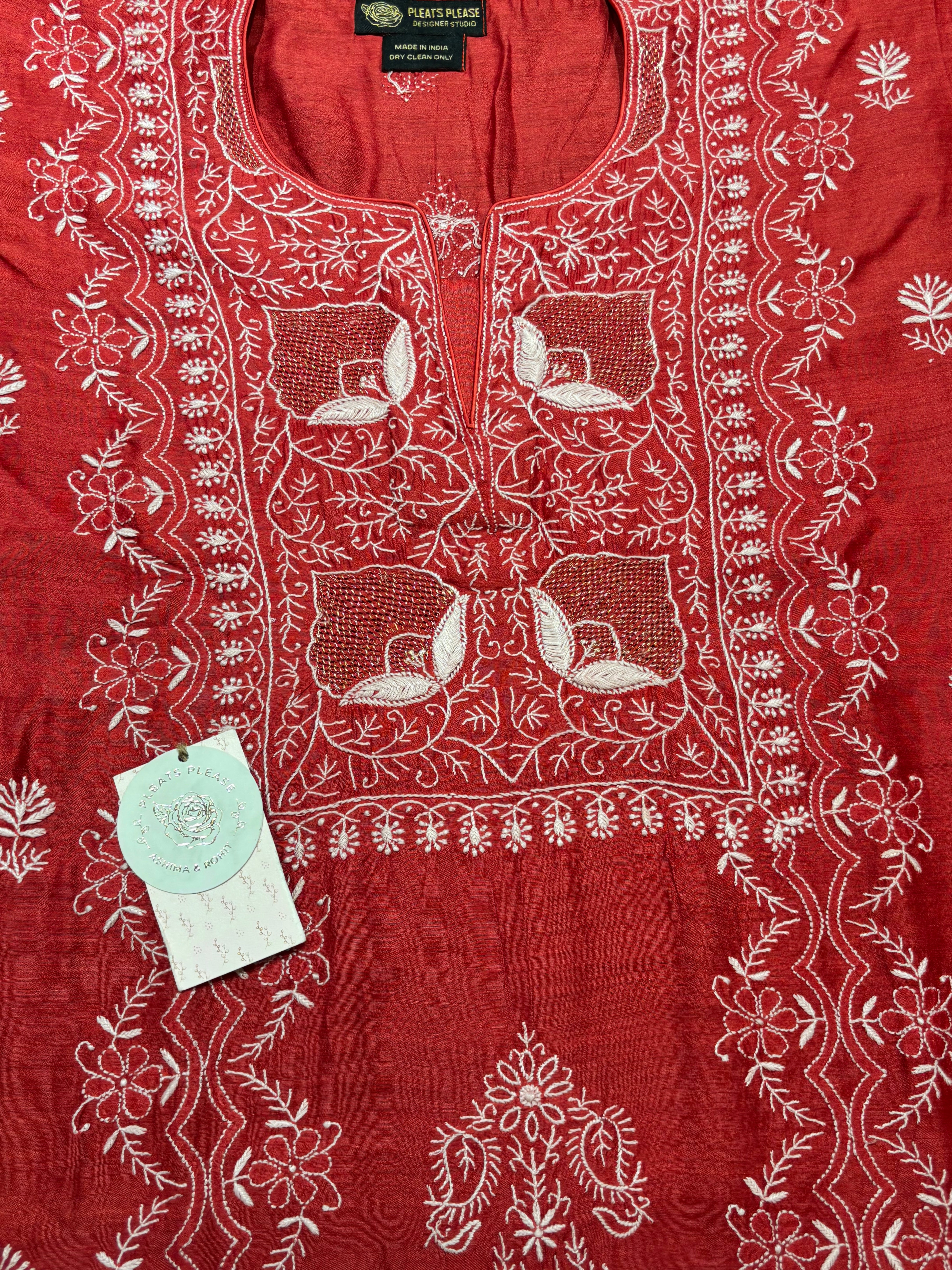Crimson Red Monga Silk Chikankari Kurta And Dupatta Fabric