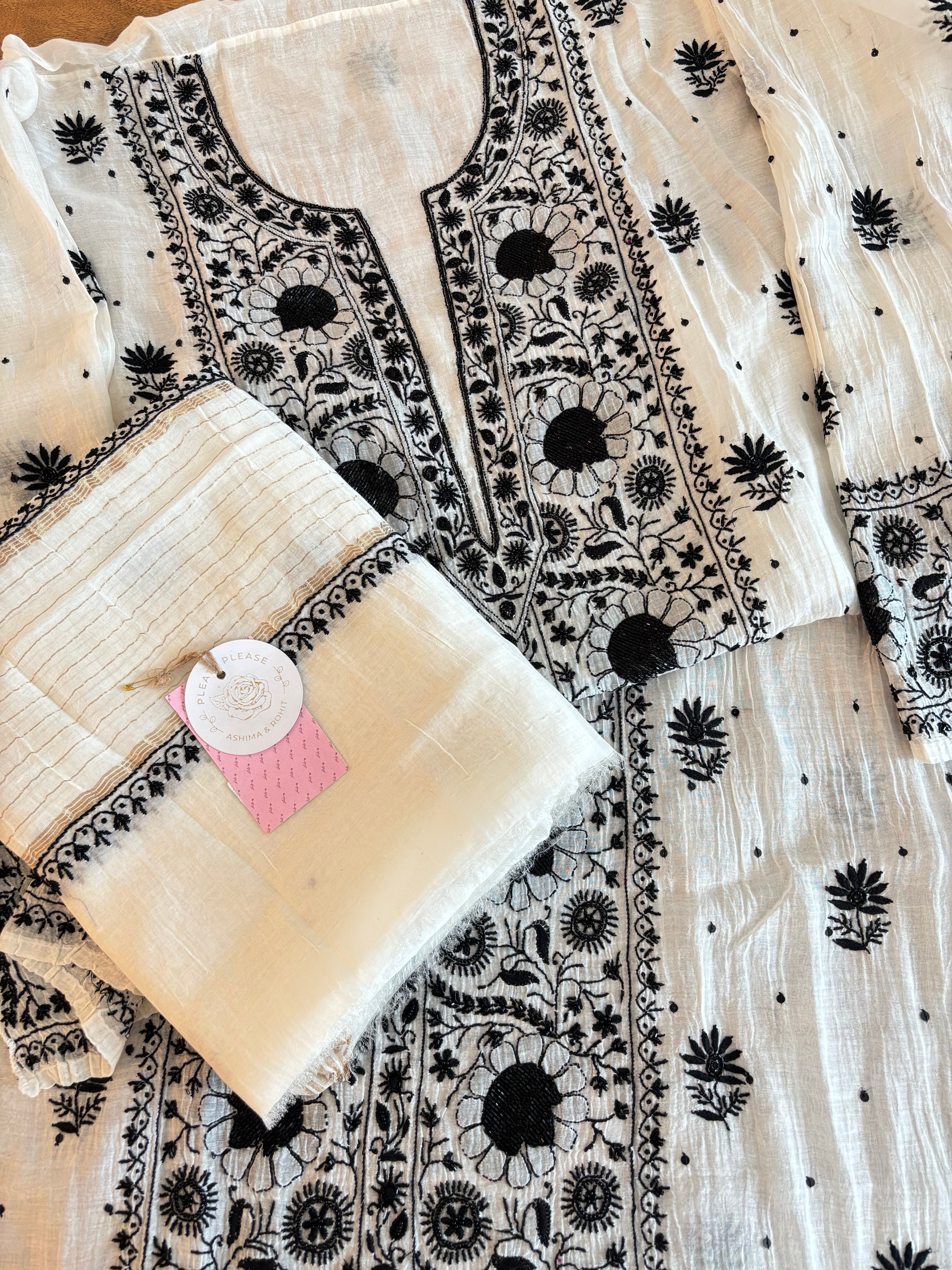 Dyeable Black & White Chanderi Chikankari Kurta & Dupatta