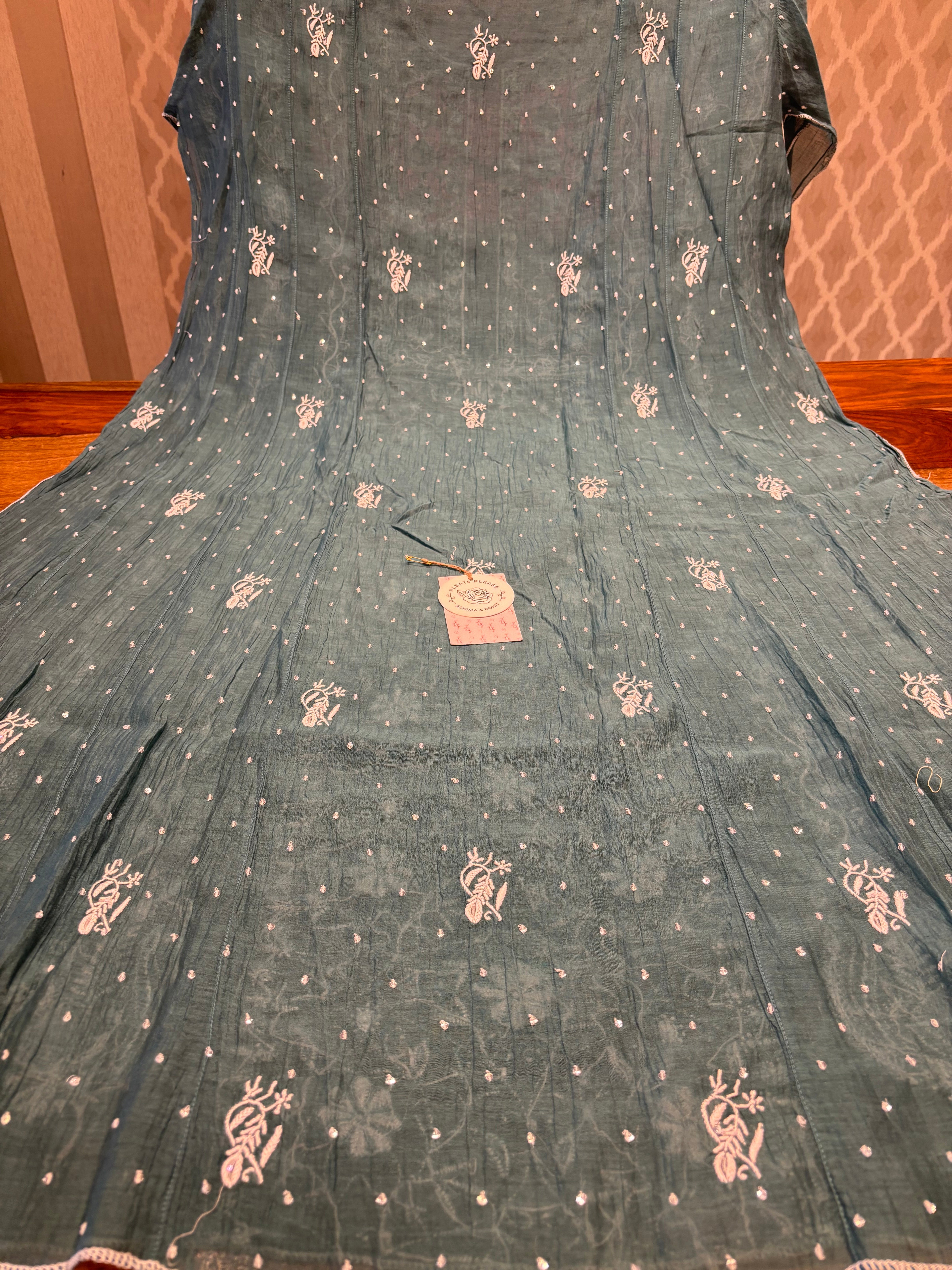 Teal Green Chanderi Mul Chikankari Anarkali and dupatta