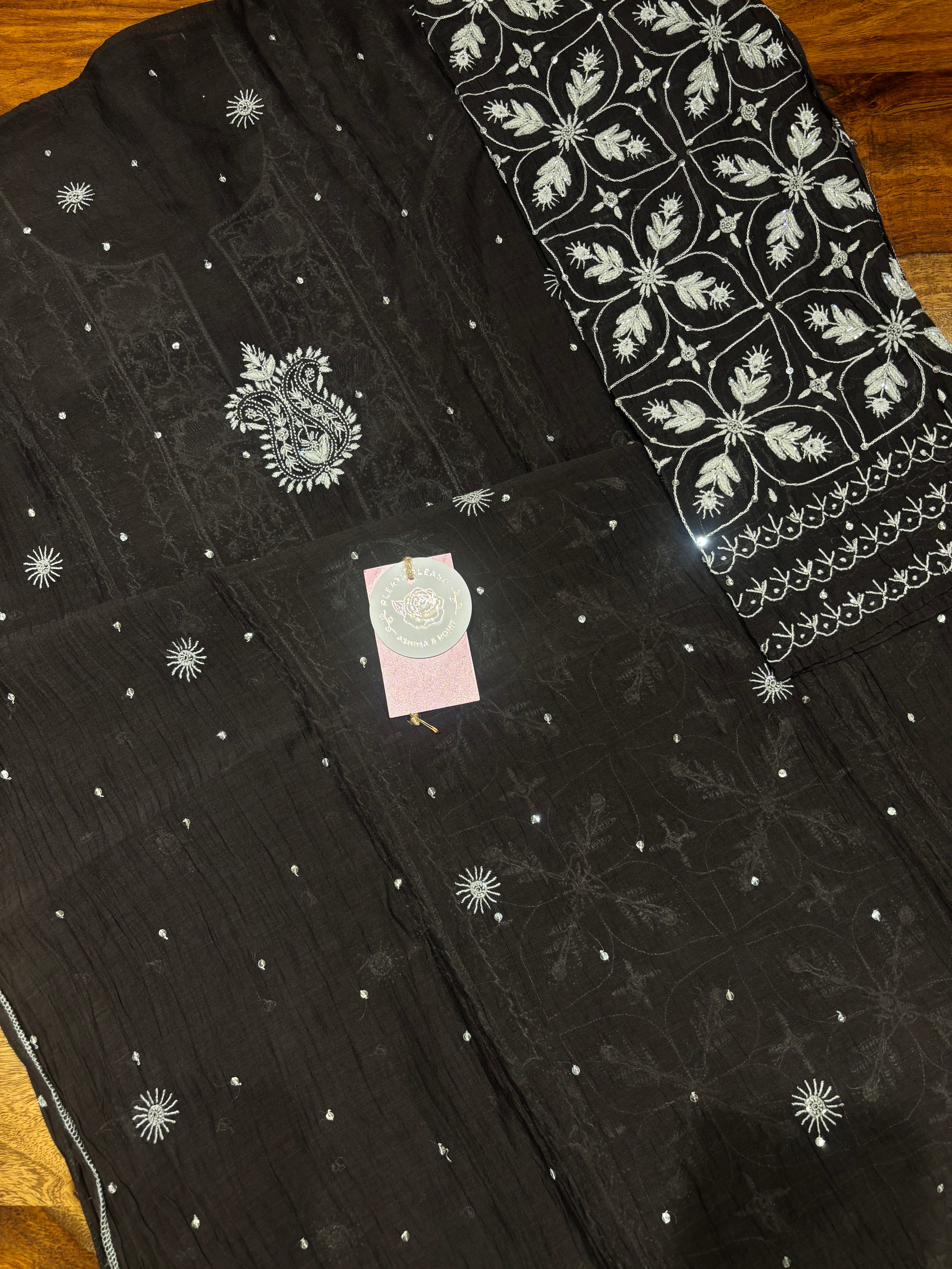 Black Chanderi Mul Chikankari Kurta & Dupatta Set