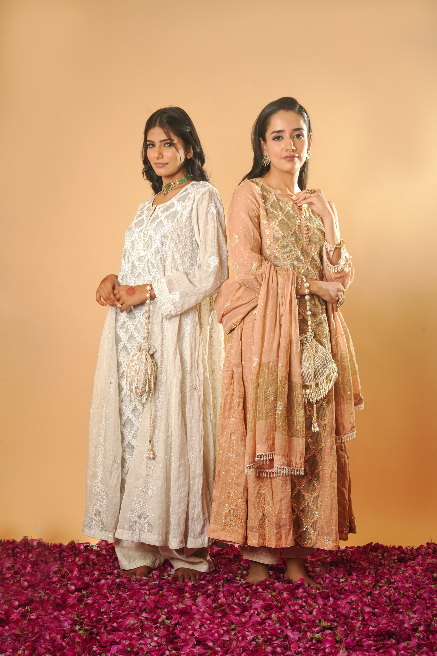 Rose Gold and Dyeable Silver Pure Tissue Chikankari Anarkali and Dupatta