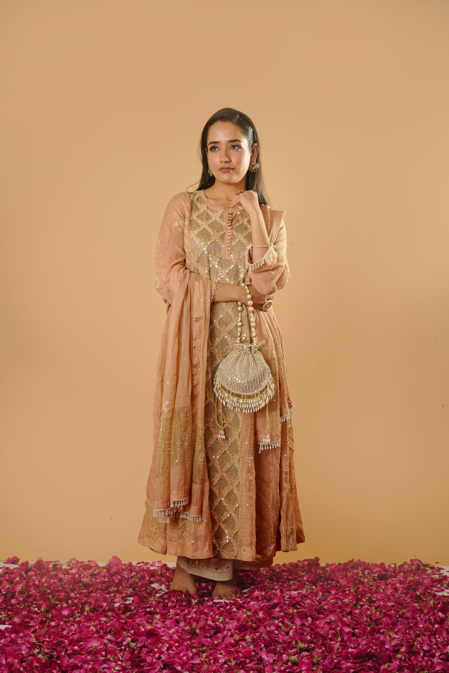 Rose Gold and Dyeable Silver Pure Tissue Chikankari Anarkali and Dupatta