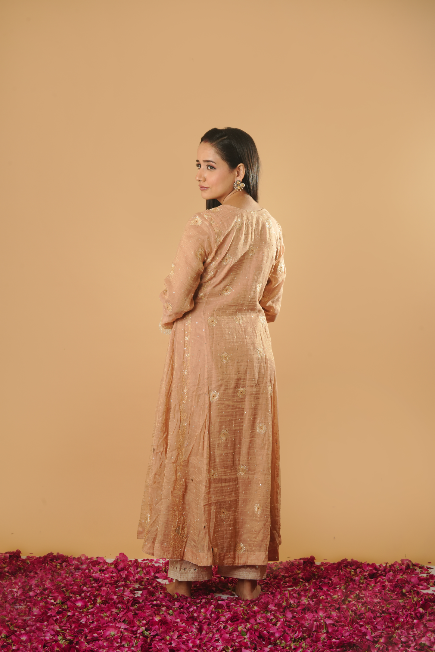 Rose Gold and Dyeable Silver Pure Tissue Chikankari Anarkali and Dupatta