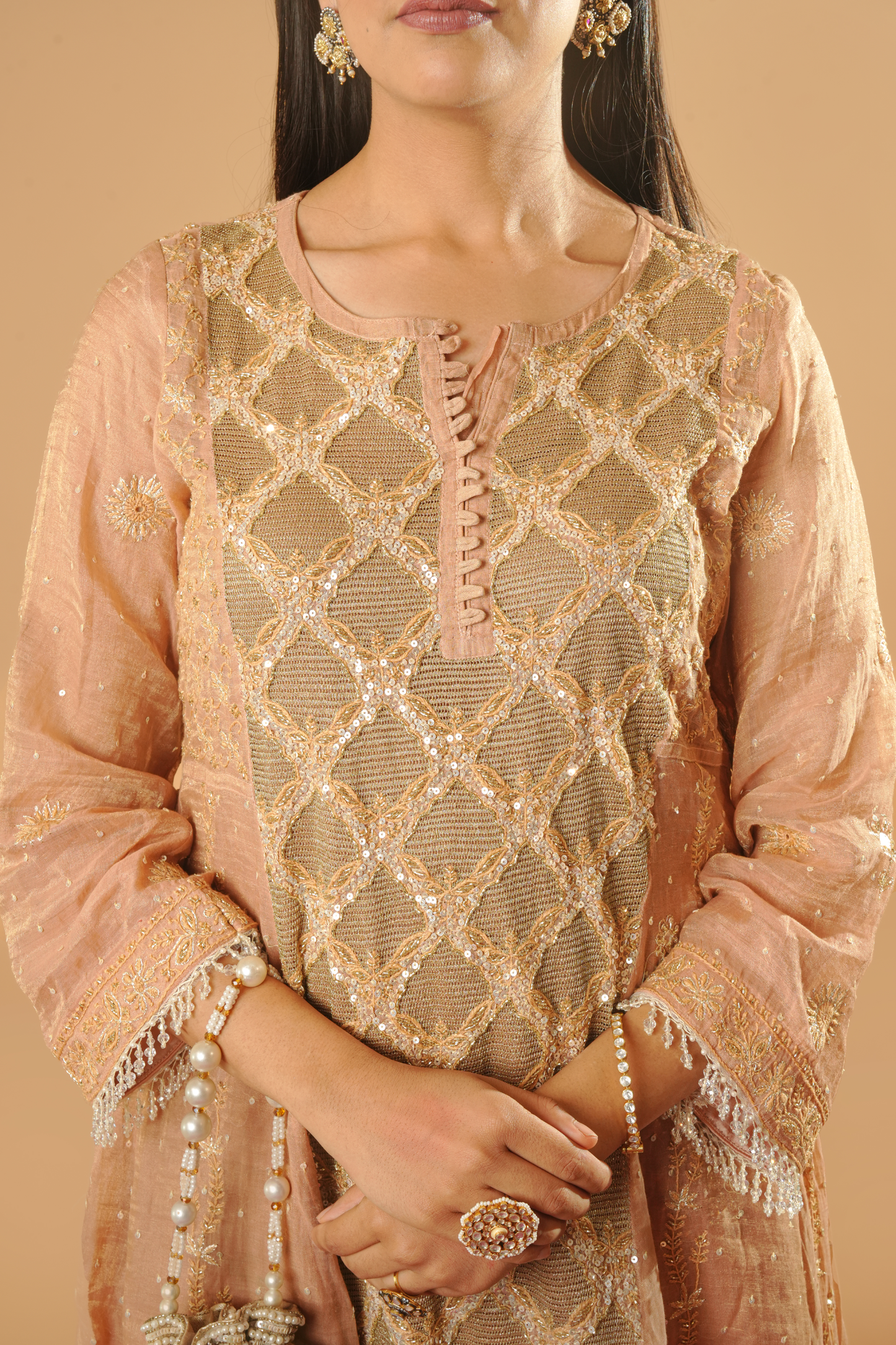 Rose Gold and Dyeable Silver Pure Tissue Chikankari Anarkali and Dupatta