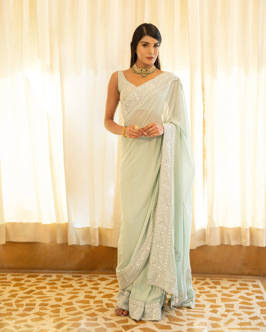 Sage Green Pure Georgette Chikankari Saree