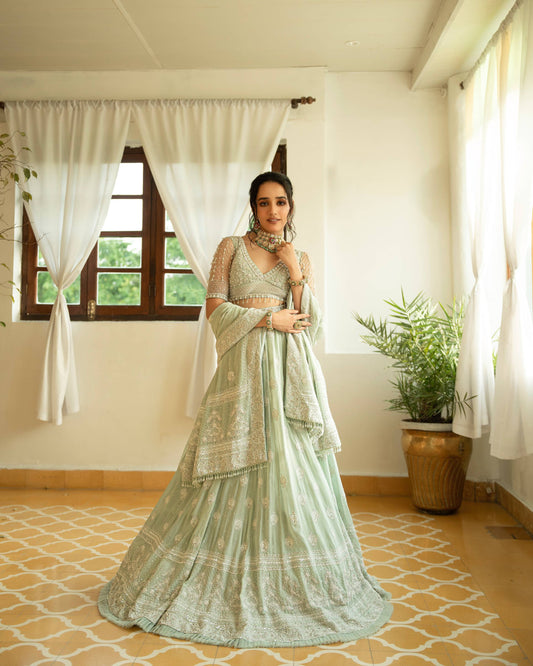 Sage Green Pure Georgette Chikankari Lehenga