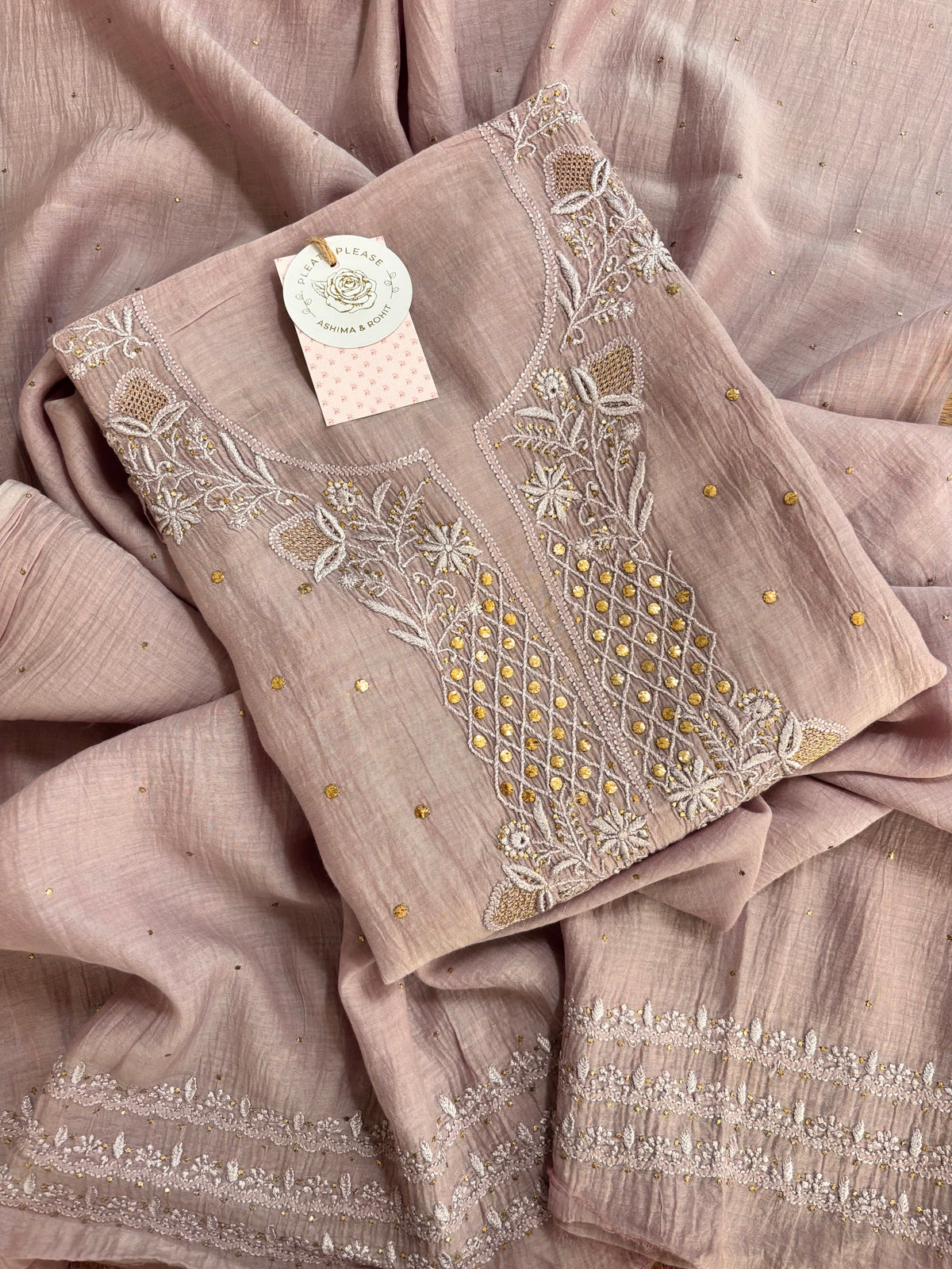Dusty Mauve Chanderi Mul Chikankari Mukaish Kurta & Dupatta