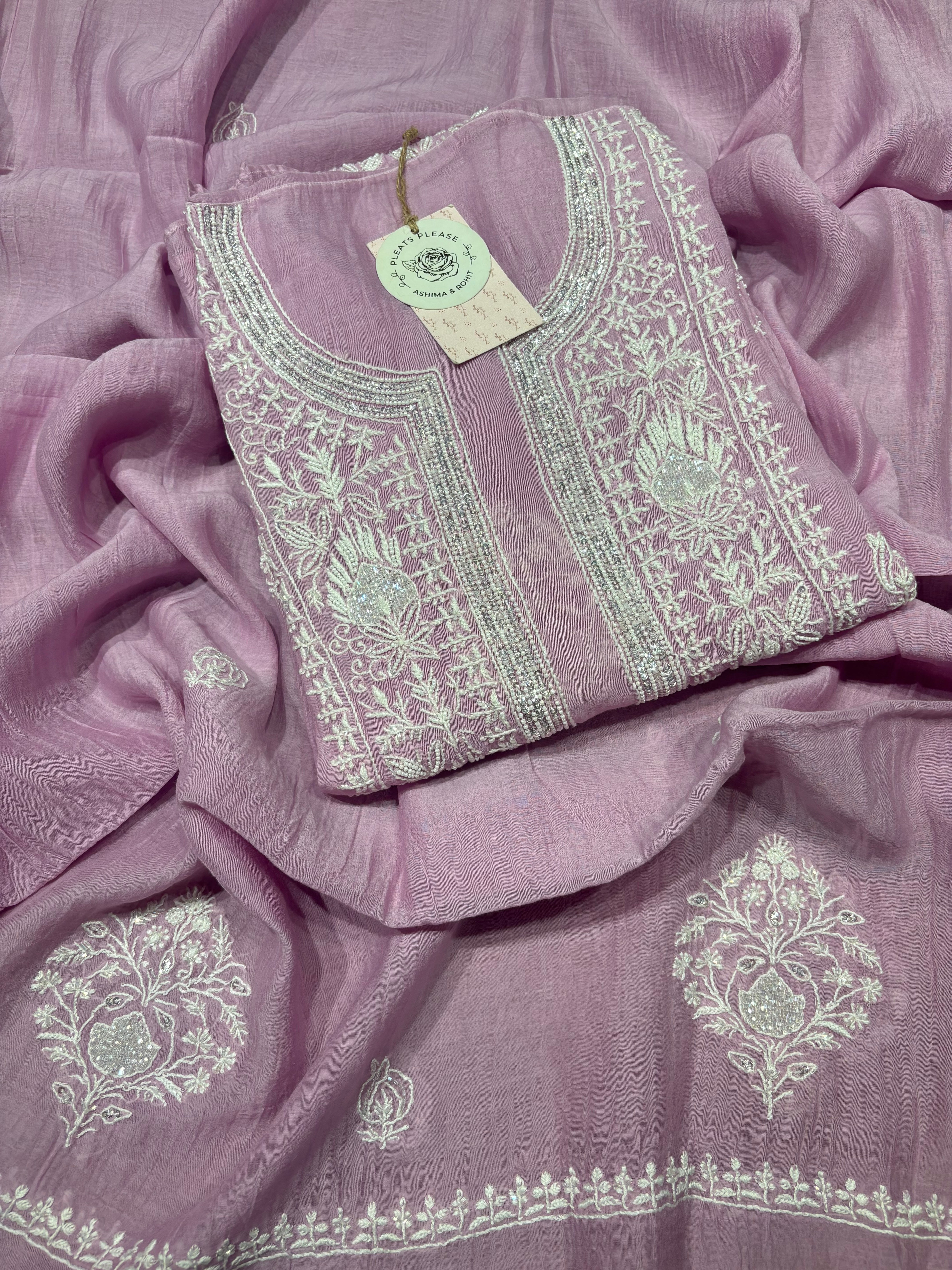 Lavender Chanderi Mul Chikankari Kurta And Dupatta Set