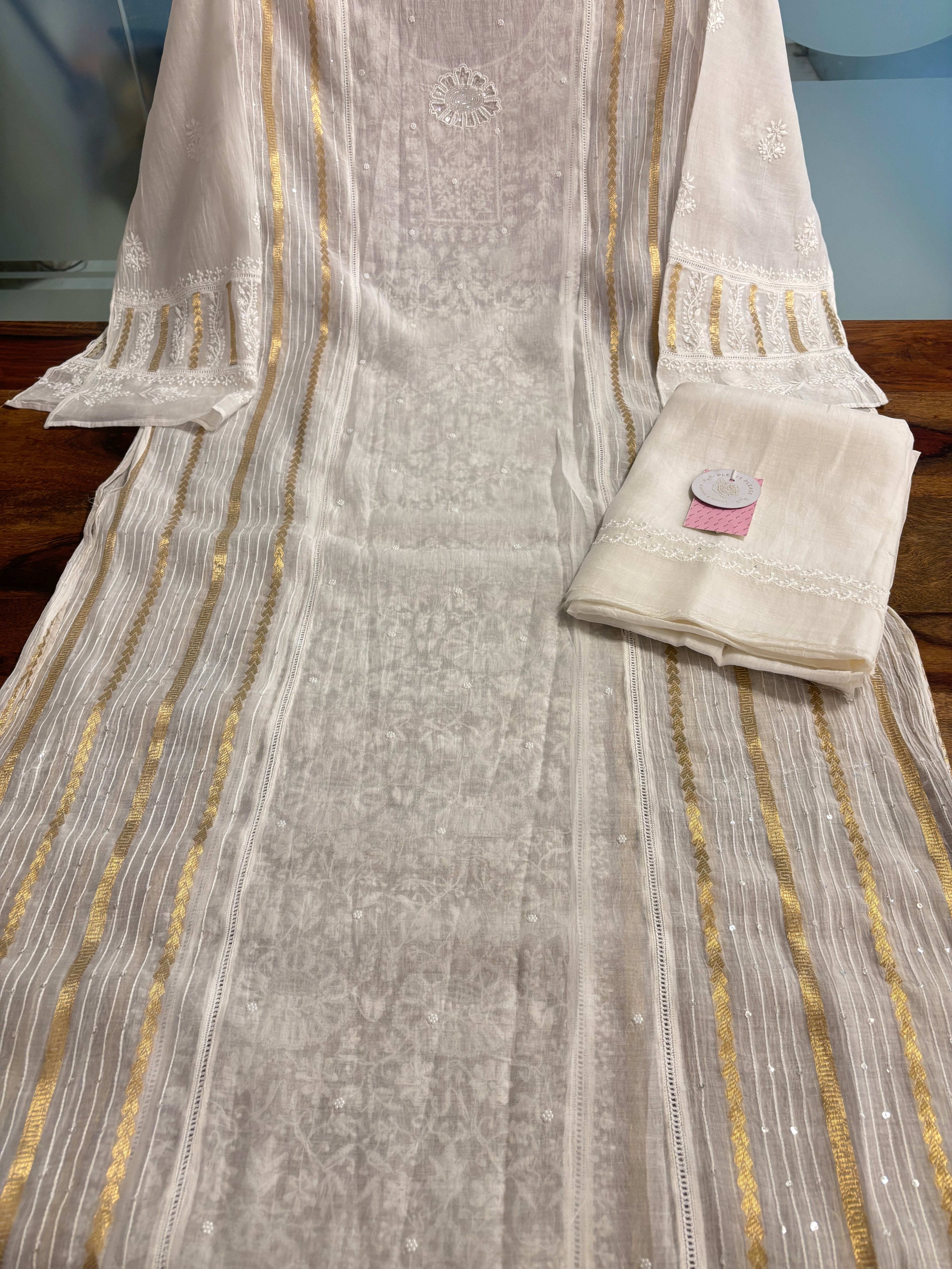Dyeable Chanderi Mul Chikankari Kurta & Dupatta With Banarasi Weave