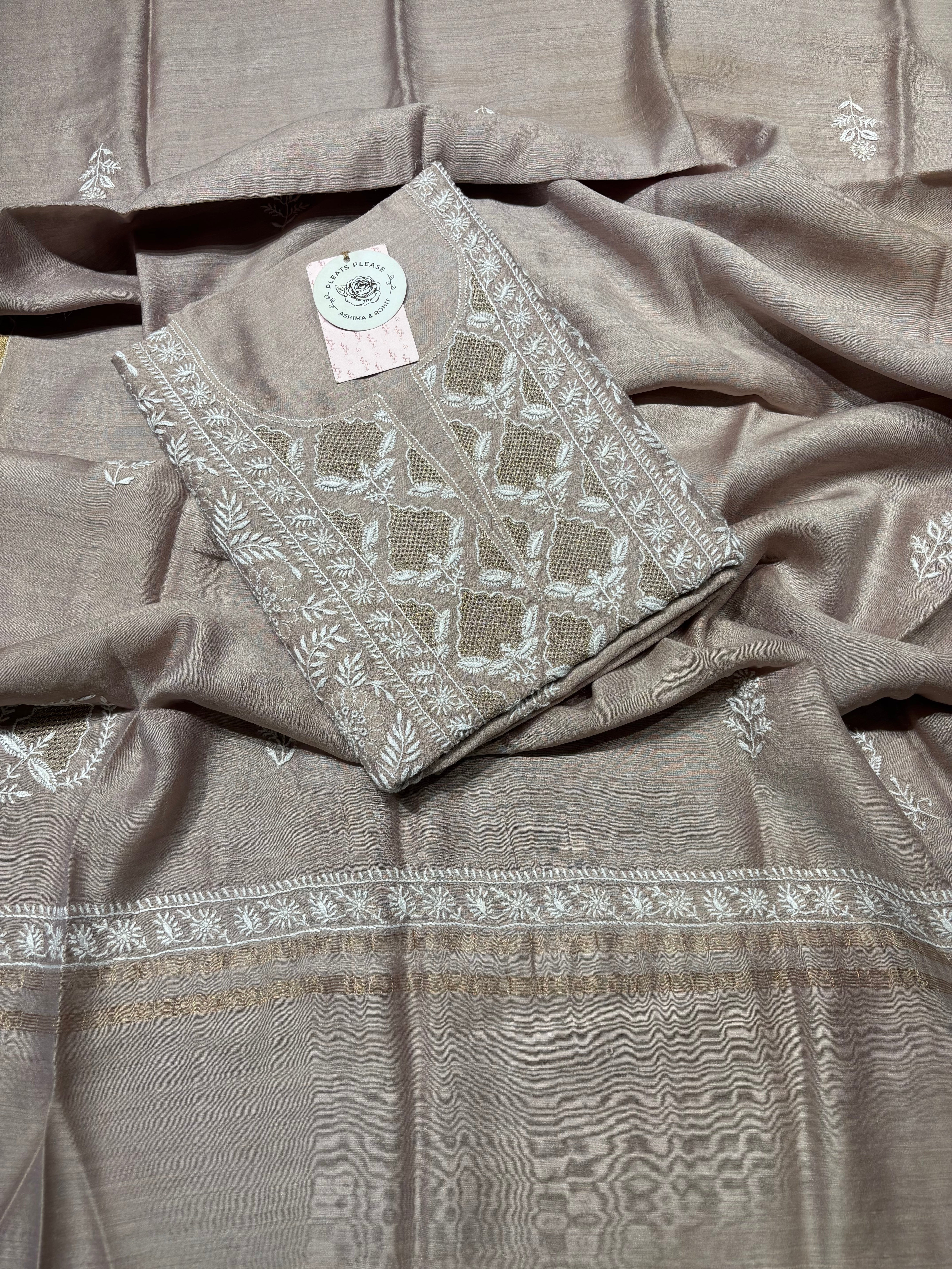 Dusty Mauve Monga Silk Chikankari Kurta And Dupatta Fabric
