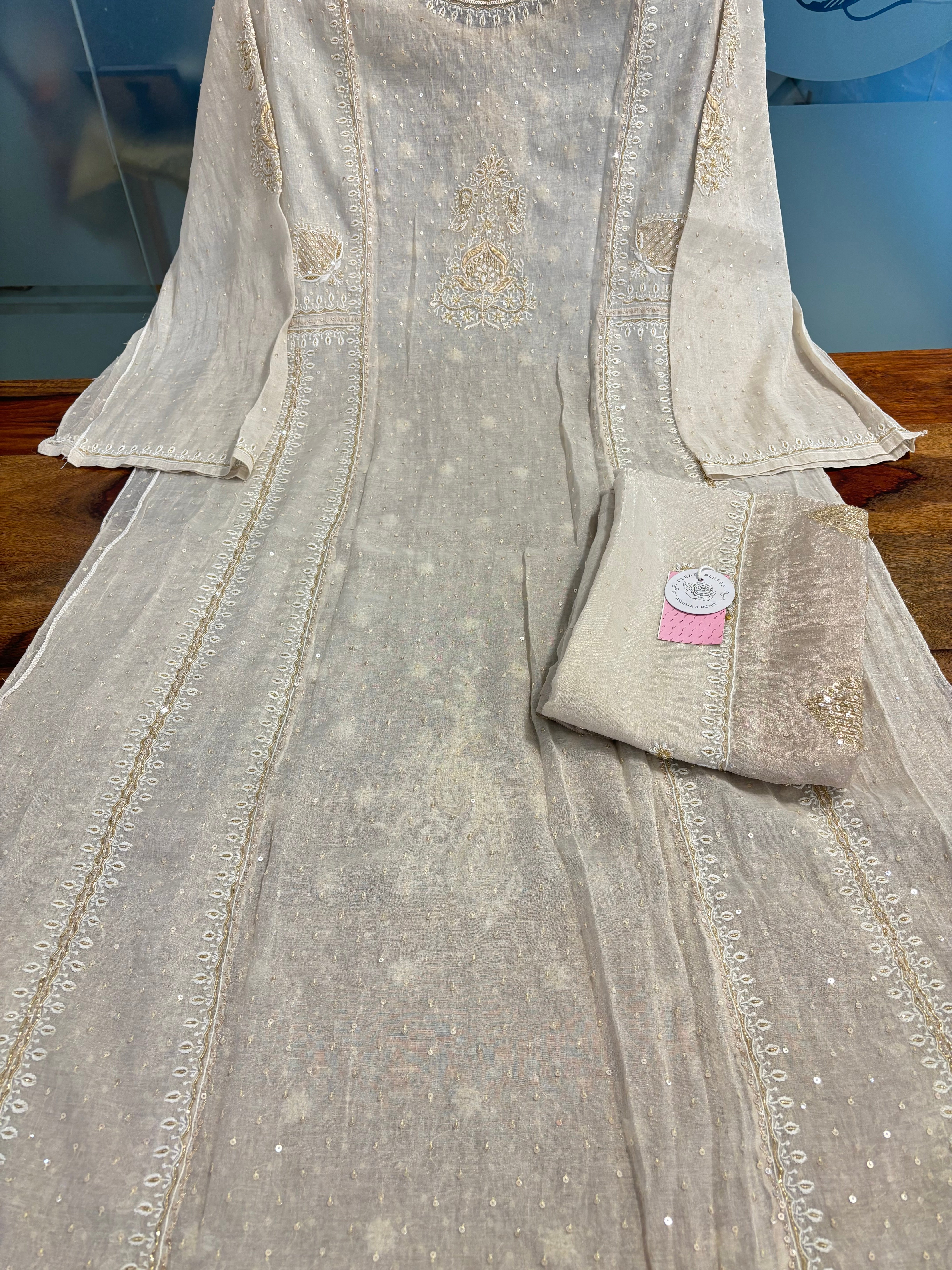 Dyeable Pure Silver Tissue Chikankari Kurta & Dupatta