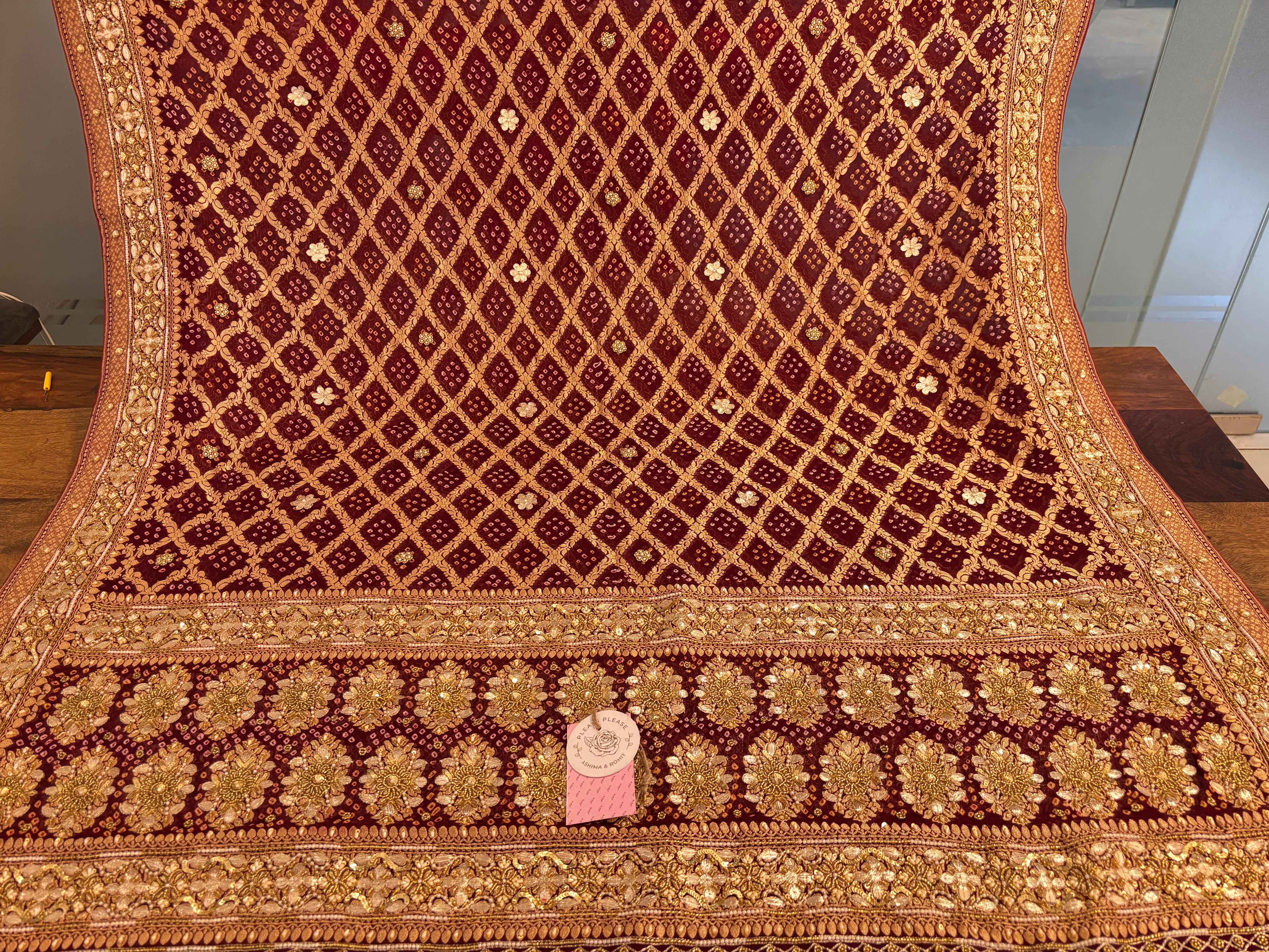 Maroon Pure Georgette Gota Patti Bandhej Zardozi Dupatta